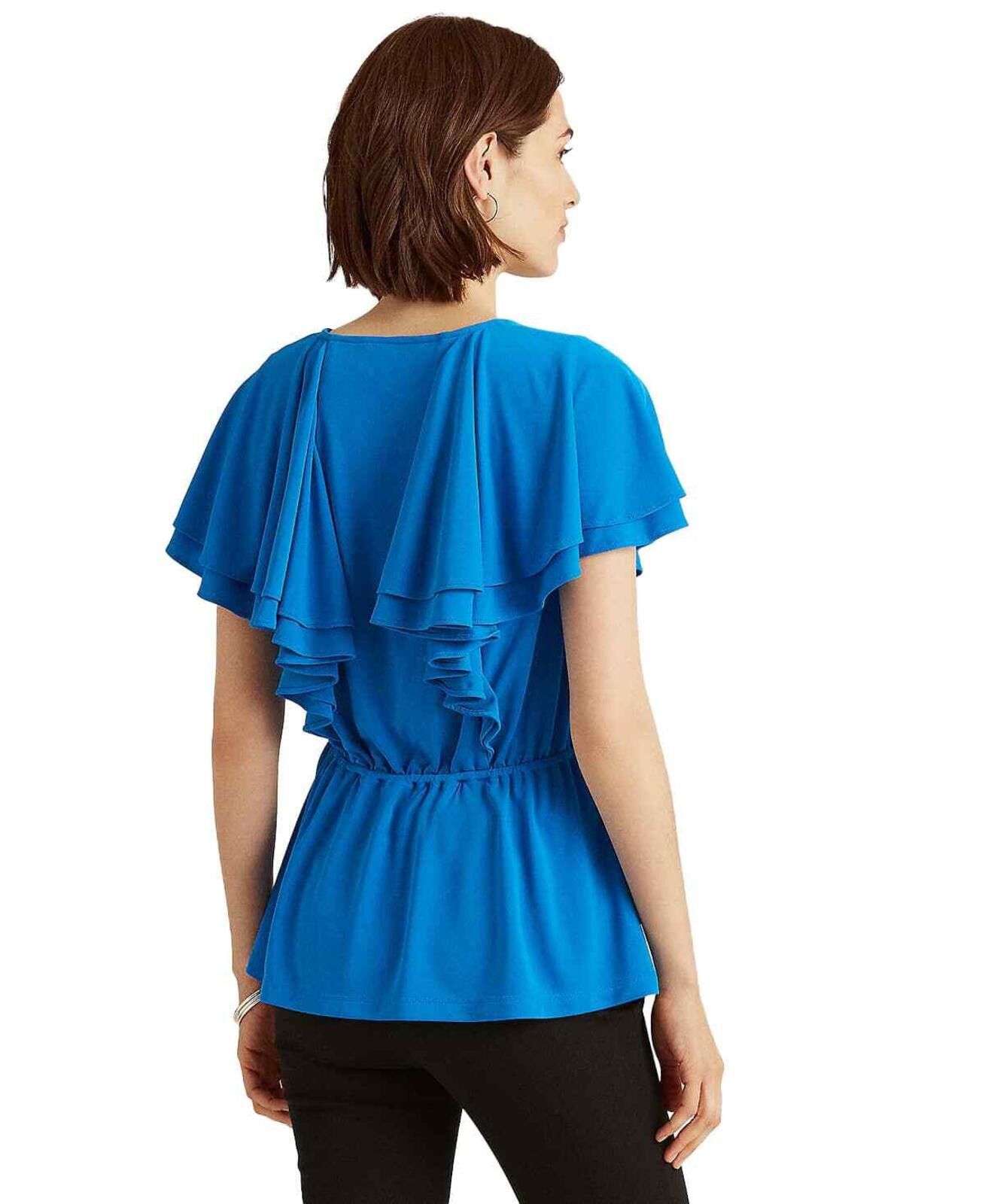 Lauren Ralph Lauren Lauren Ralph Lauren Blue Ruffle Trim Surplice Jersey Top Size M / US 6-8 / IT 42-44 - 2 Thumbnail
