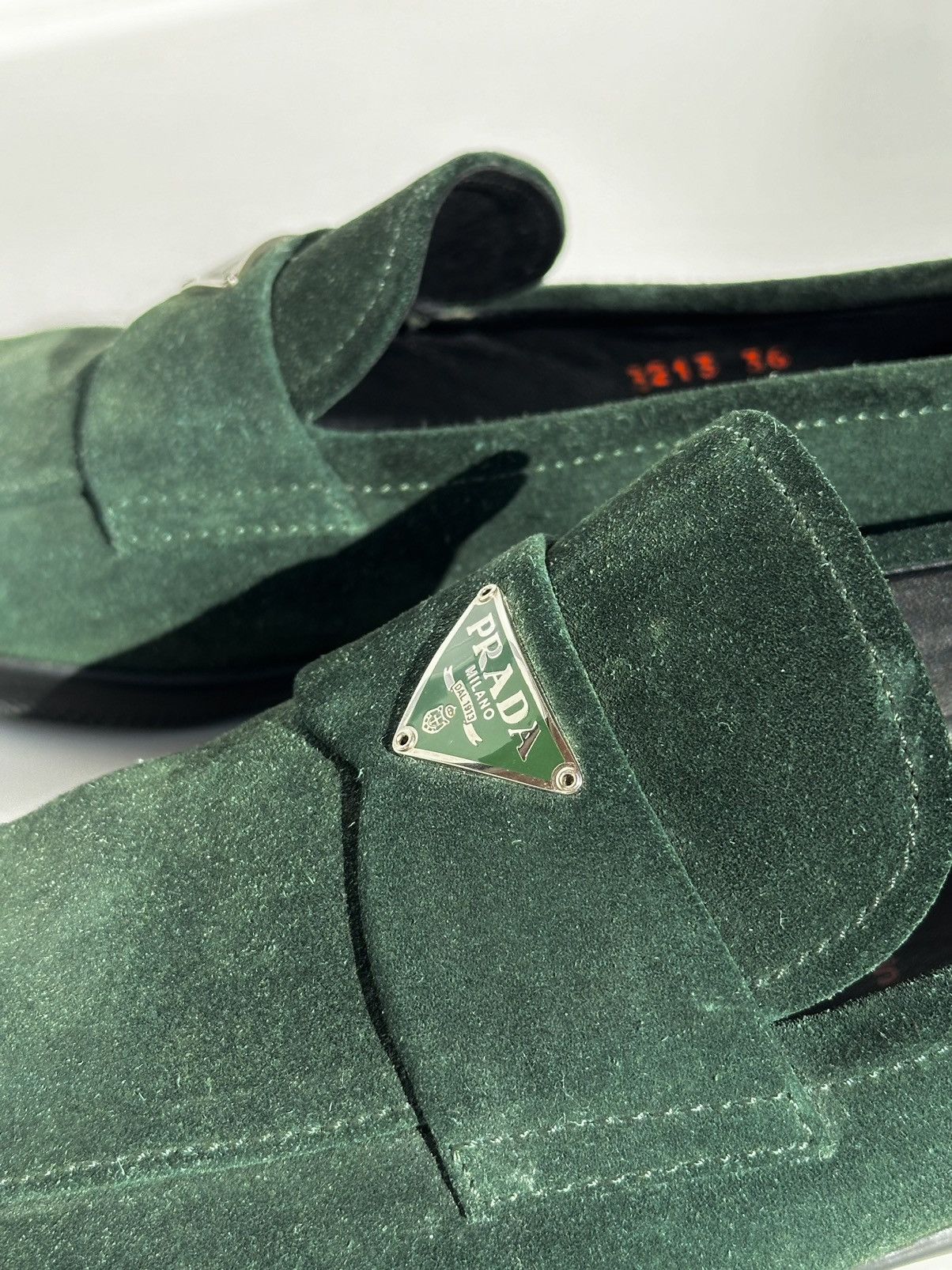 Prada PRADA Green Suede Triangle Logo Square Toe Loafers Slip One Size US 6 / IT 36 - 5 Thumbnail