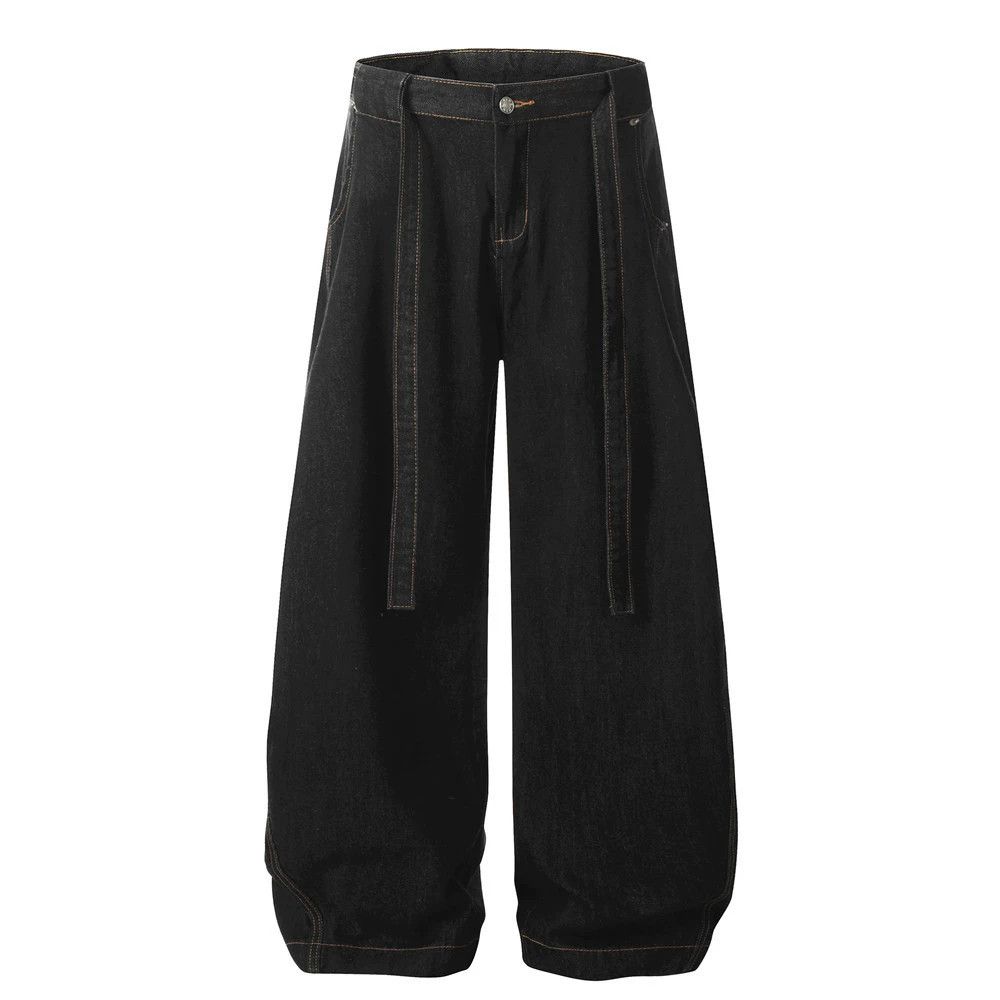 Men's vintage loose washed wide-leg belted jeans