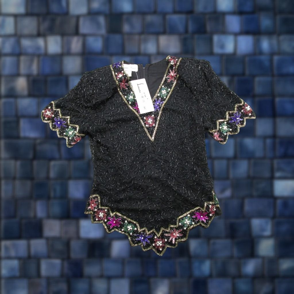 Vintage VINTAGE Laurence Kazar Sequin Beaded Silk Top Floral Womens S Whimsy Fairy NEW Size S / US 4 / IT 40 - 1 Thumbnail