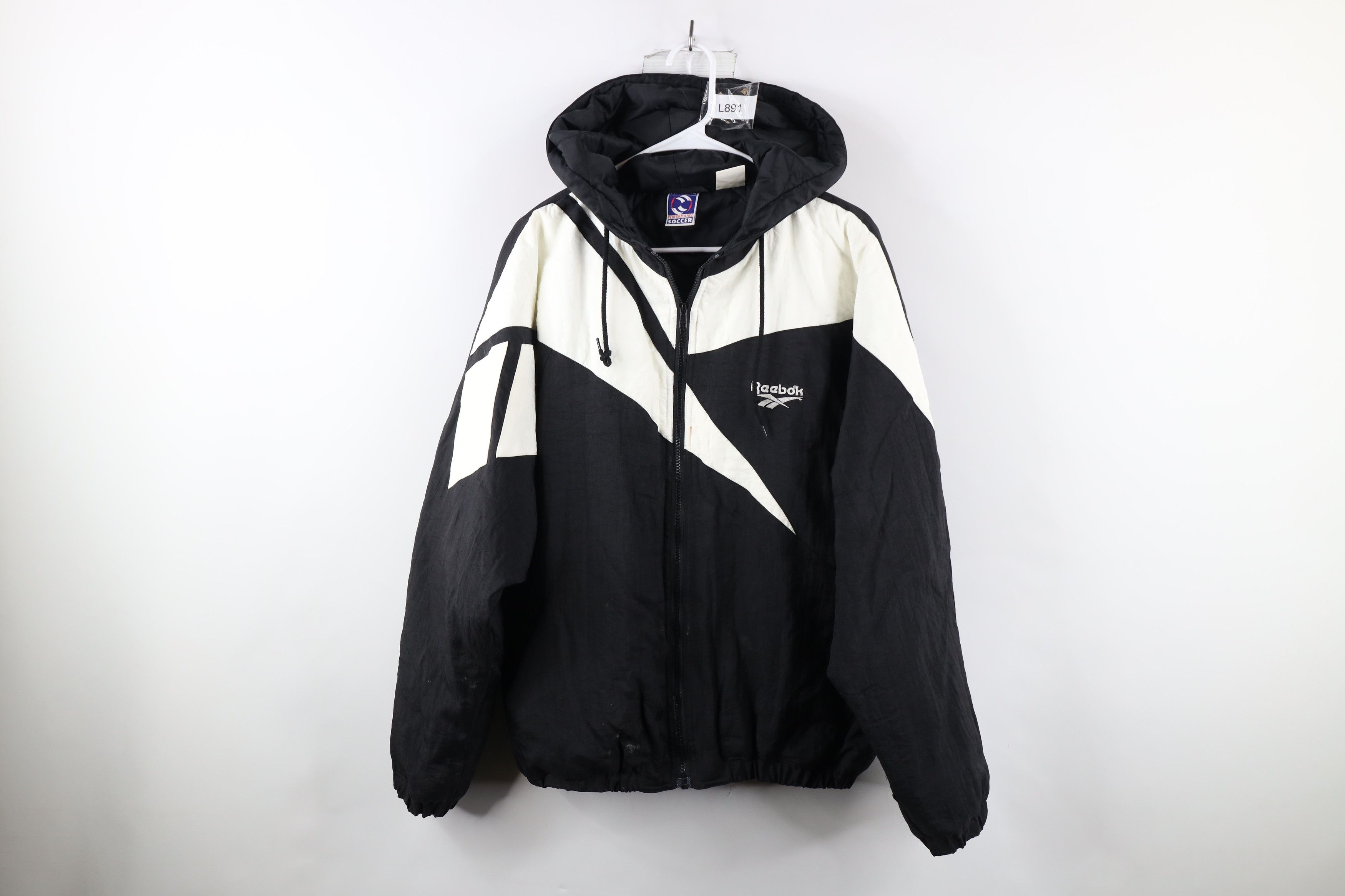 Vintage 90s Reebok Soccer Out Big Logo Hooded Puffer Jacket