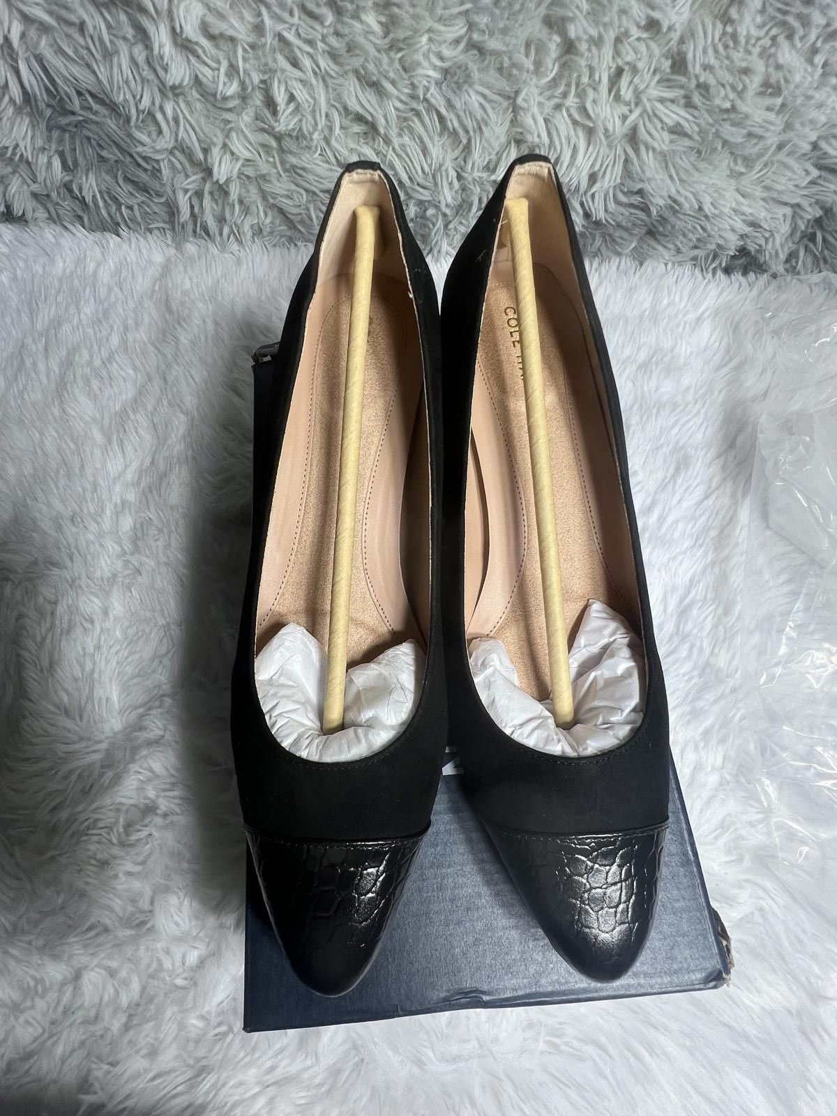 Cole Haan Cole Haan Black Low Block Heel Pumps with Croc-Embossed Toe Size US 7.5 / IT 37.5 - 2 Thumbnail