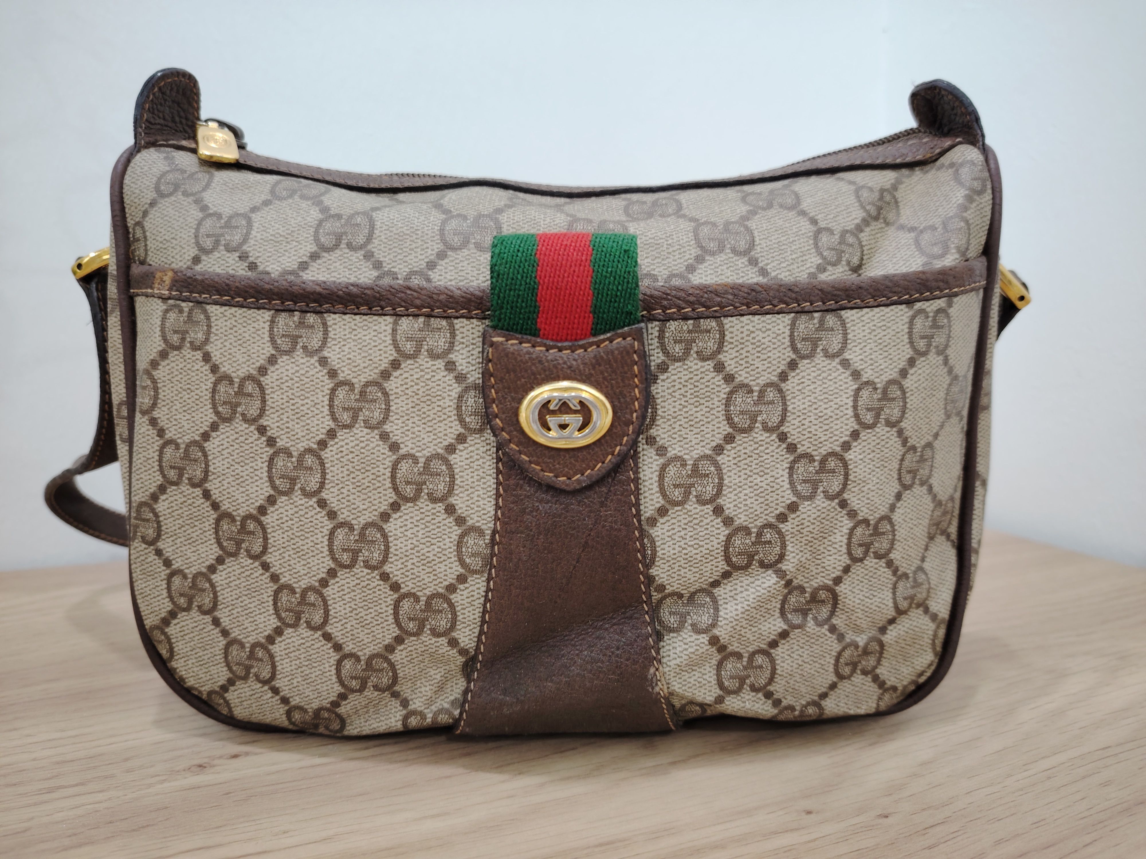 Gucci GG Canvas Web Sherry Line Shoulder Bag Pvc Leather in Beige, Women's
