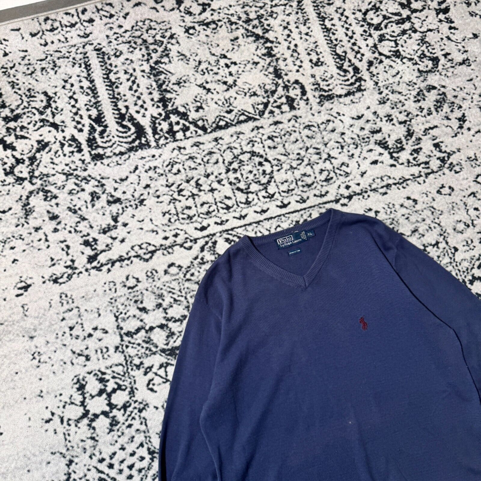 Ralph Lauren × Vintage Vintage Ralph Lauren Navy Blue Cotton Sweater Size XL V-Neck Size US XL / EU 56 / 4 - 4 Thumbnail