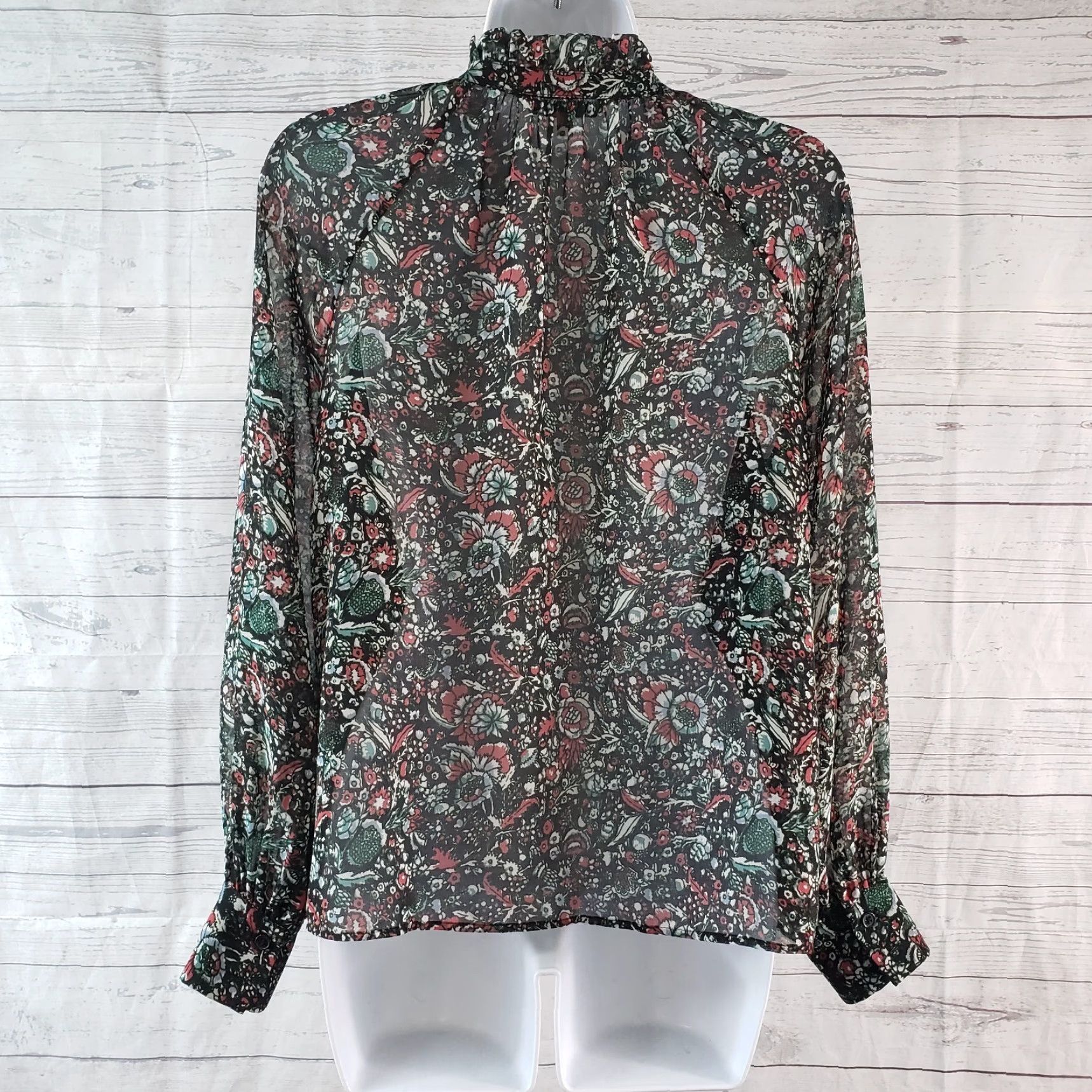Rebecca Minkoff Rebecca Minkoff Womens Blouse XS Black Green Floral Neck Tie Long Sleeve Size XS / US 0-2 / IT 36-38 - 4 Thumbnail