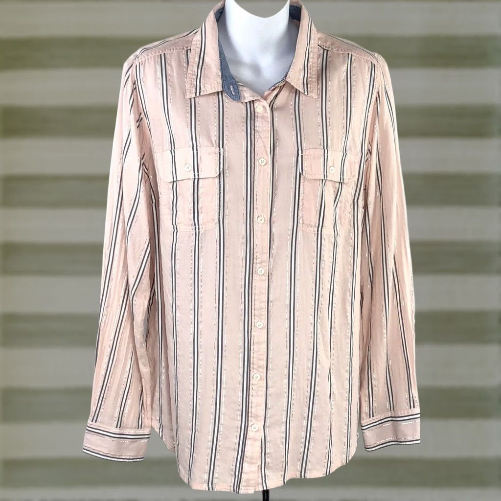 Vintage St. John's Bay Top L Pink Metallic Stripe Button-Up Collared Shirt Womens Vintage Y2K Office Work Shirt Size L / US 10 / IT 46 - 1 Thumbnail