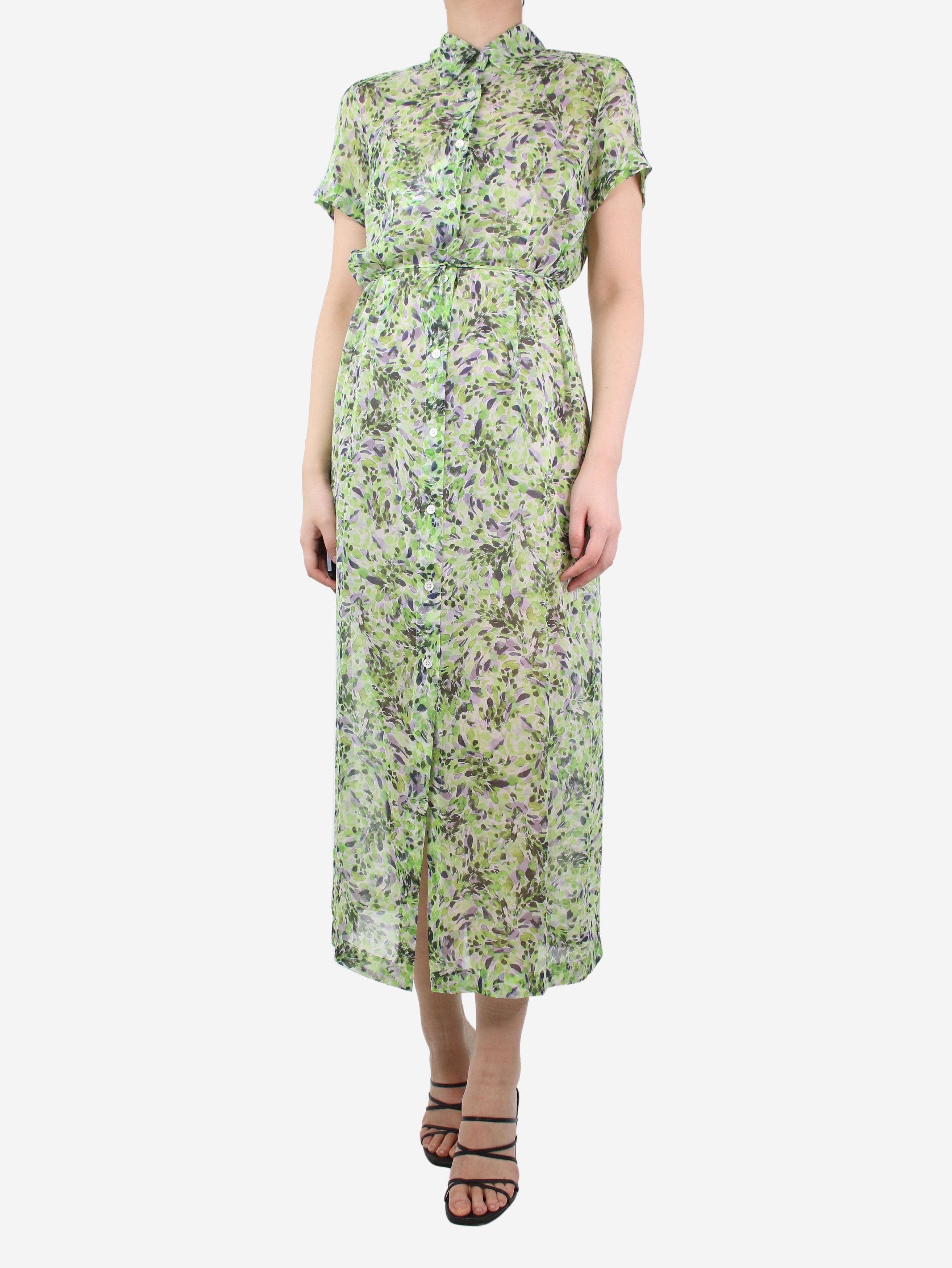 image of Dries Van Noten Green Sheer Floral Printed Silk Dress - Size Uk 12, Women's