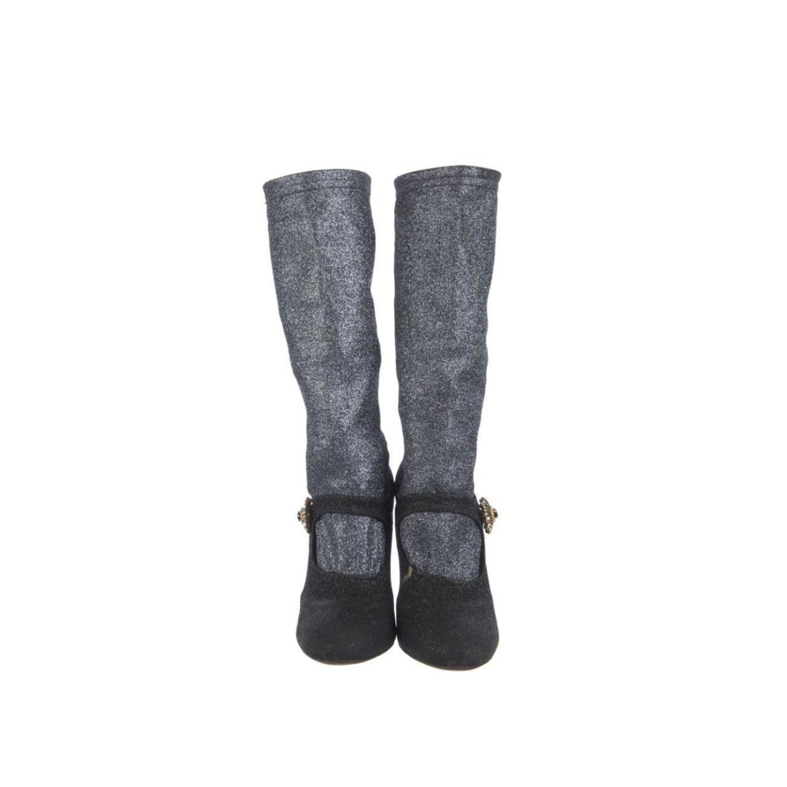 Dolce & Gabbana Dolce & Gabbana Black Crystal Mary-Jane Knee-High Boots Size US 6.5 / IT 36.5 - 3 Thumbnail