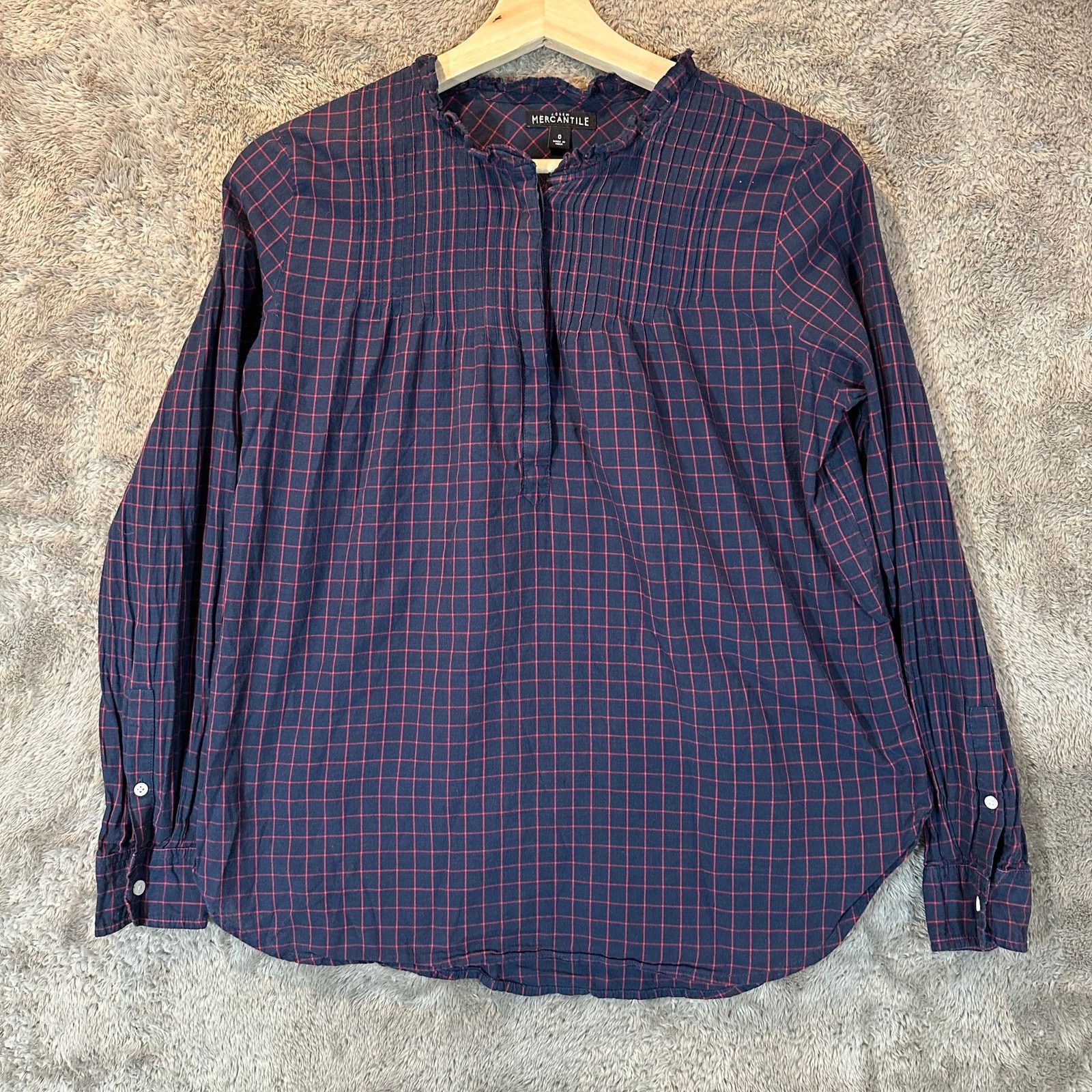 J.Crew J. Crew Blue Red Windowpane Pintuck Popover Top Shirt 0 XS Size XS / US 0-2 / IT 36-38 - 1 Thumbnail