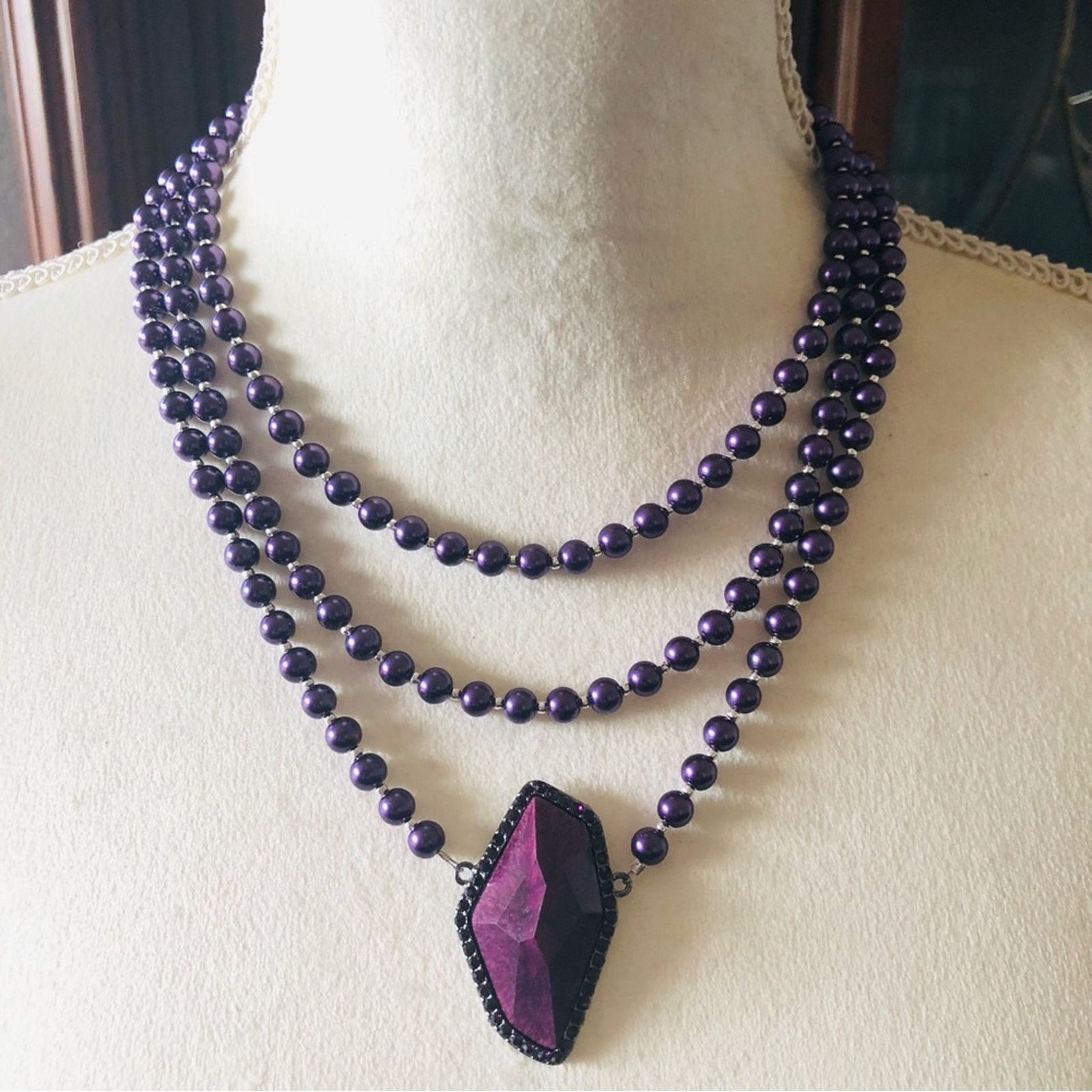 Handmade Handcrafted repurpose large faceted stone Pearl necklace Size ONE SIZE - 2 Thumbnail