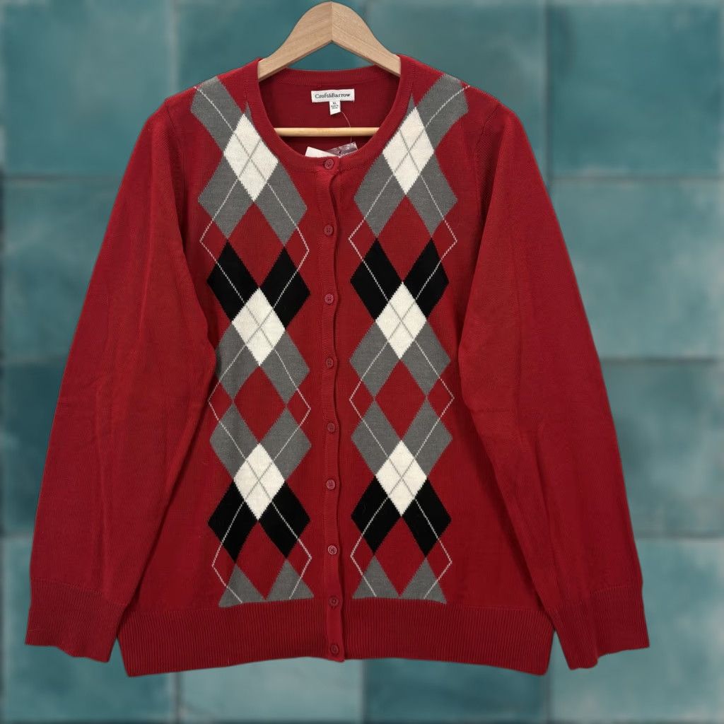 Croft & Barrow Croft & Barrow Cardigan Womens XL Red Argyle Print Button Front Retro Size XL / US 12-14 / IT 48-50 - 1 Thumbnail