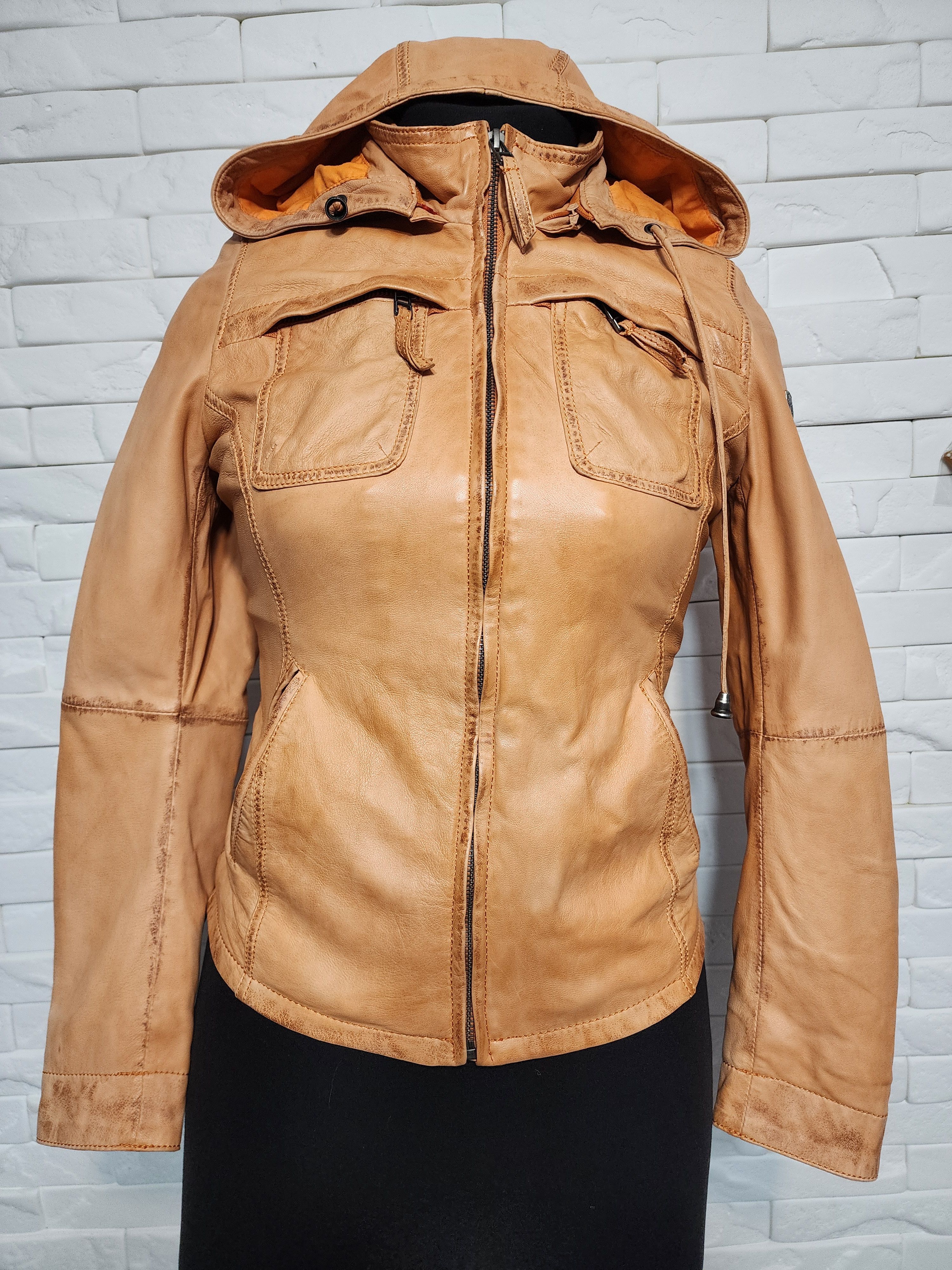 Gypsy Orange Leather Women's Sporty Jacket: Hooded Outwear. Size S / US 4 / IT 40 - 1 Thumbnail