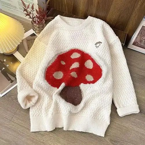 image of Unbrnd Harajuku Embroidered Mushroom Loose Knitted Sweaters in White, Men's (Size Large)