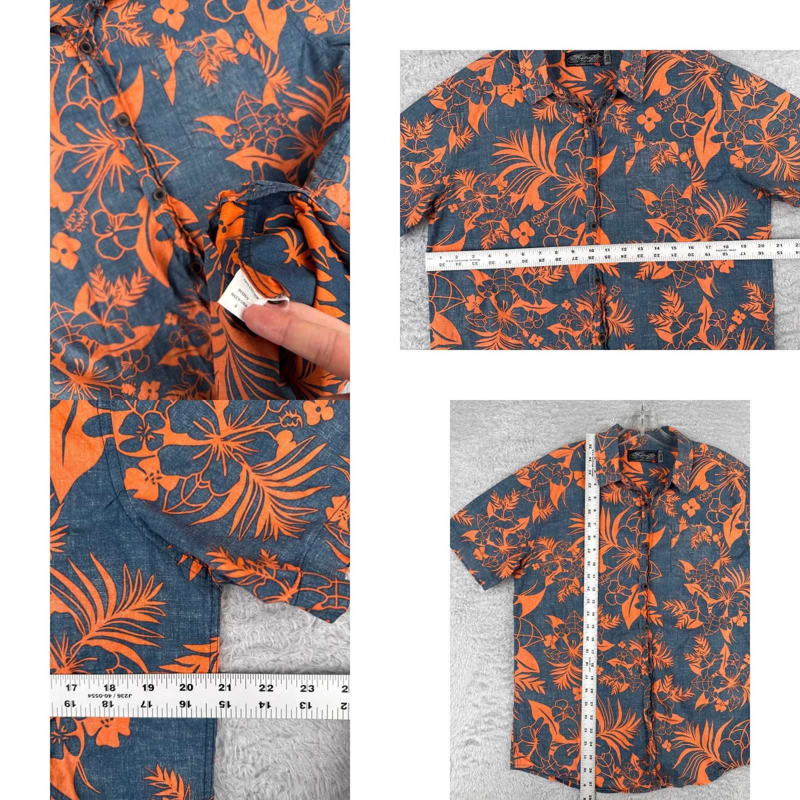 Vintage Retro Fit Shirt Men Medium Gray Orange Floral Leaf 100% Cotton Hawaiian Size US M / EU 48-50 / 2 - 8 Thumbnail