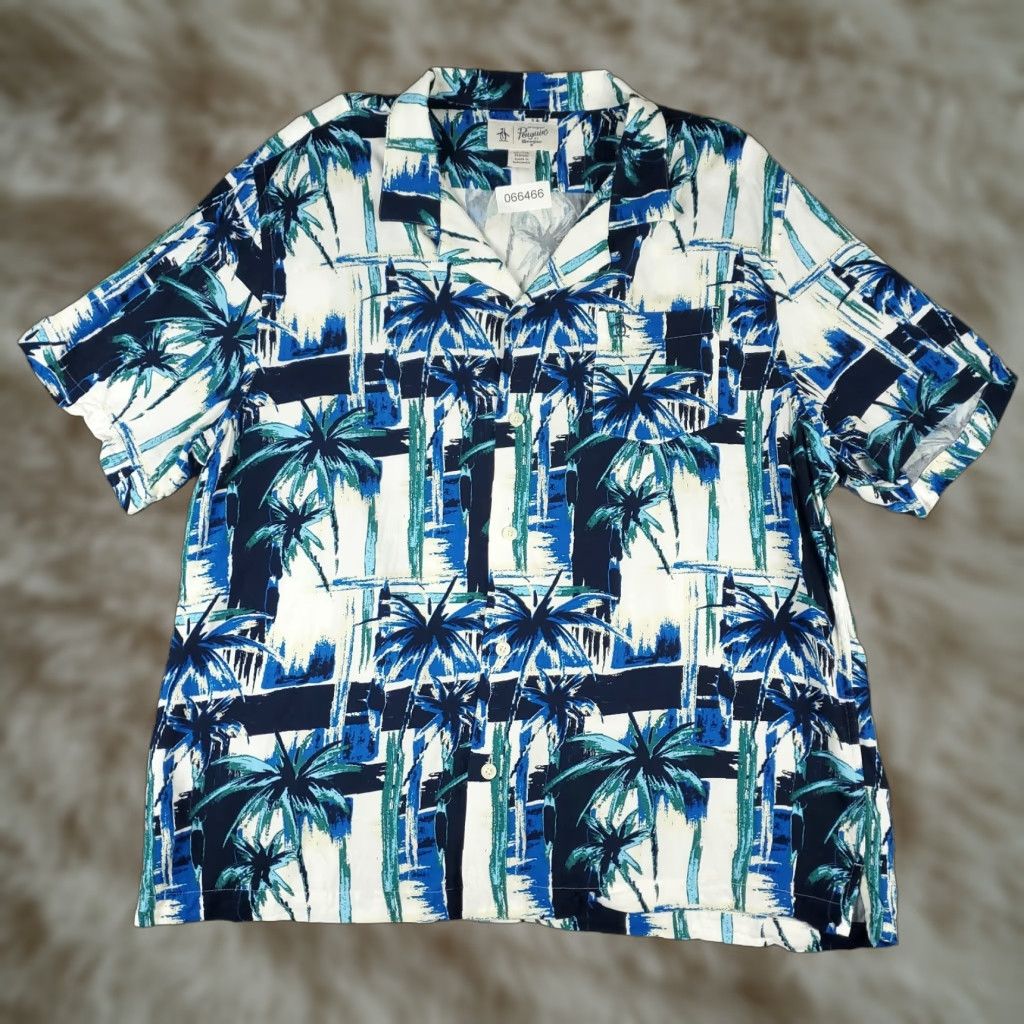 Original Penguin VINTAGE Penguin Shirt Mens 2XL Blue Viscose Camp Collar Button Up Palm Tree Print Size US XXL / EU 58 / 5 - 1 Thumbnail