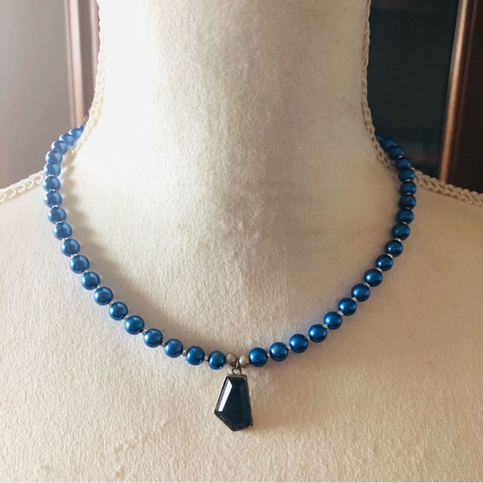 Handmade Handcrafted repurpose blue geometric glass Pearl necklace Size ONE SIZE - 2 Thumbnail