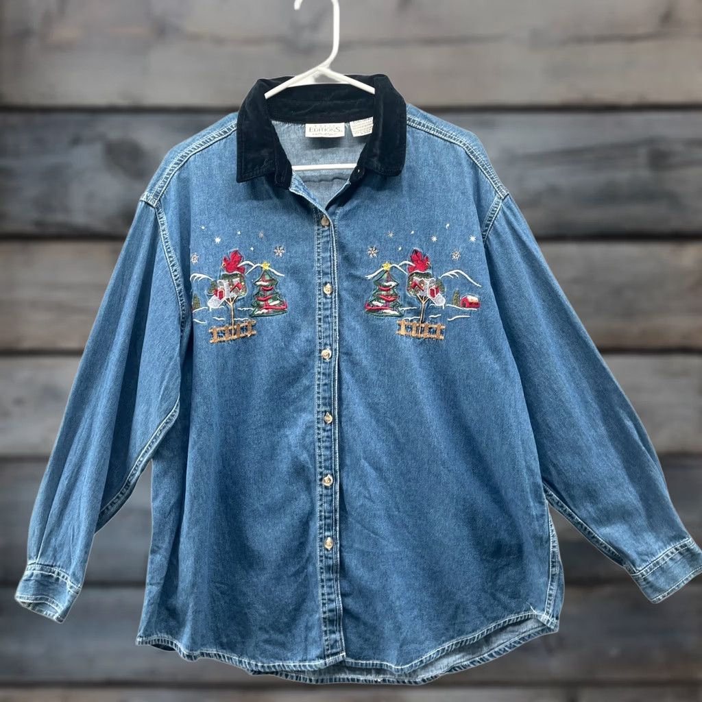 Basic Editions VINTAGE Basic Editions Holiday Christmas Embroidered Denim Shirt Jacket Womens XL Size XL / US 12-14 / IT 48-50 - 1 Thumbnail