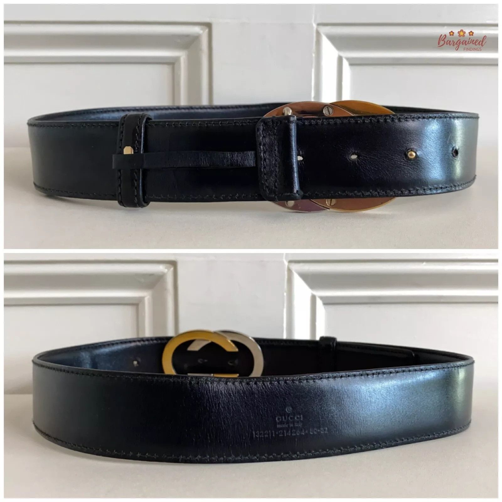 Gucci Gucci Black Leather Gold/Silver Interlocking G Buckle Belt Size 28 - 9 Thumbnail