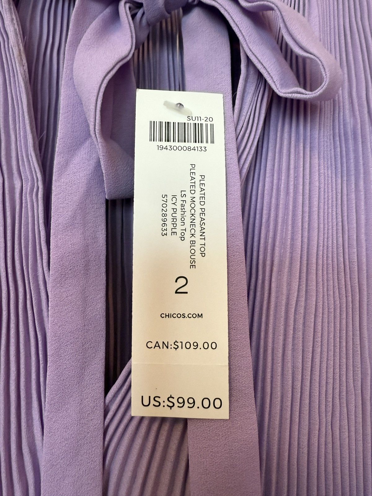 Chicos Chicos Woman Pleated Icy Purple Mockneck Peasant Raglan Top Size L / US 10 / IT 46 - 3 Thumbnail