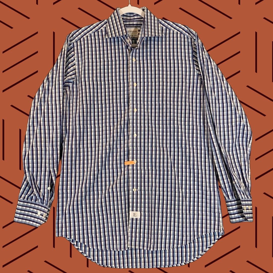Emmett Emmett London Shirt Mens 15.5 39 cm Blue White Plaid Button Up Outdoors L/S Size US M / EU 48-50 / 2 - 1 Thumbnail