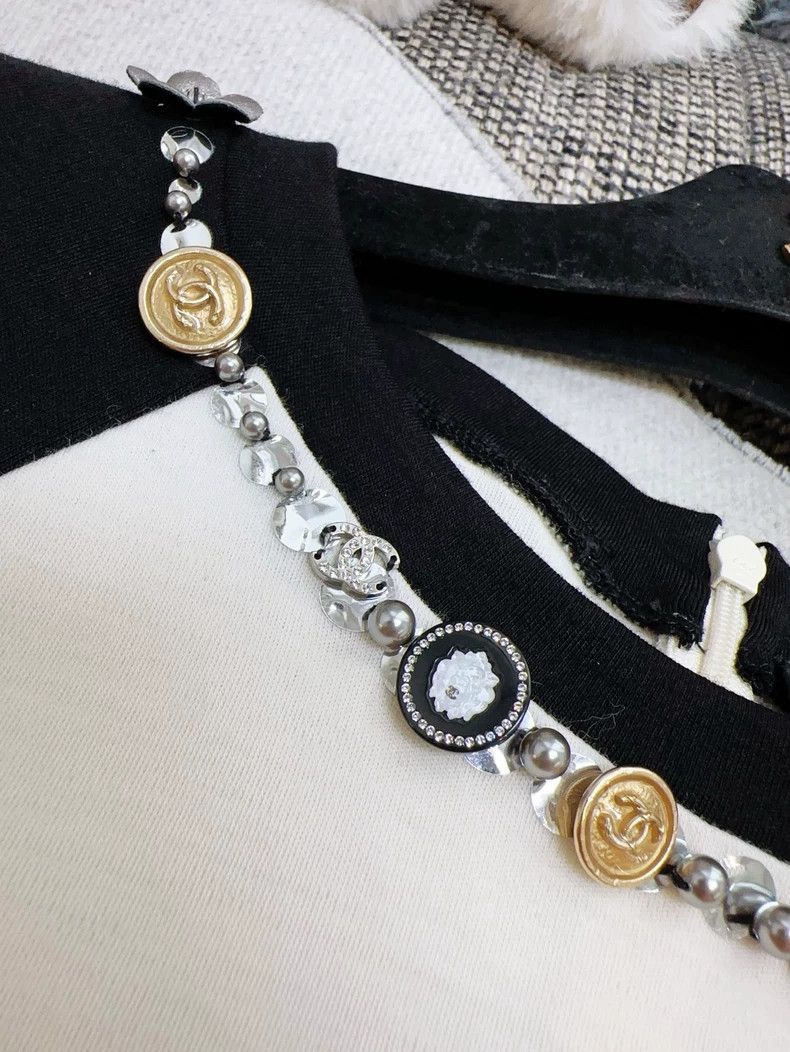 Chanel Beige Black Embellished Long Sleeve Top