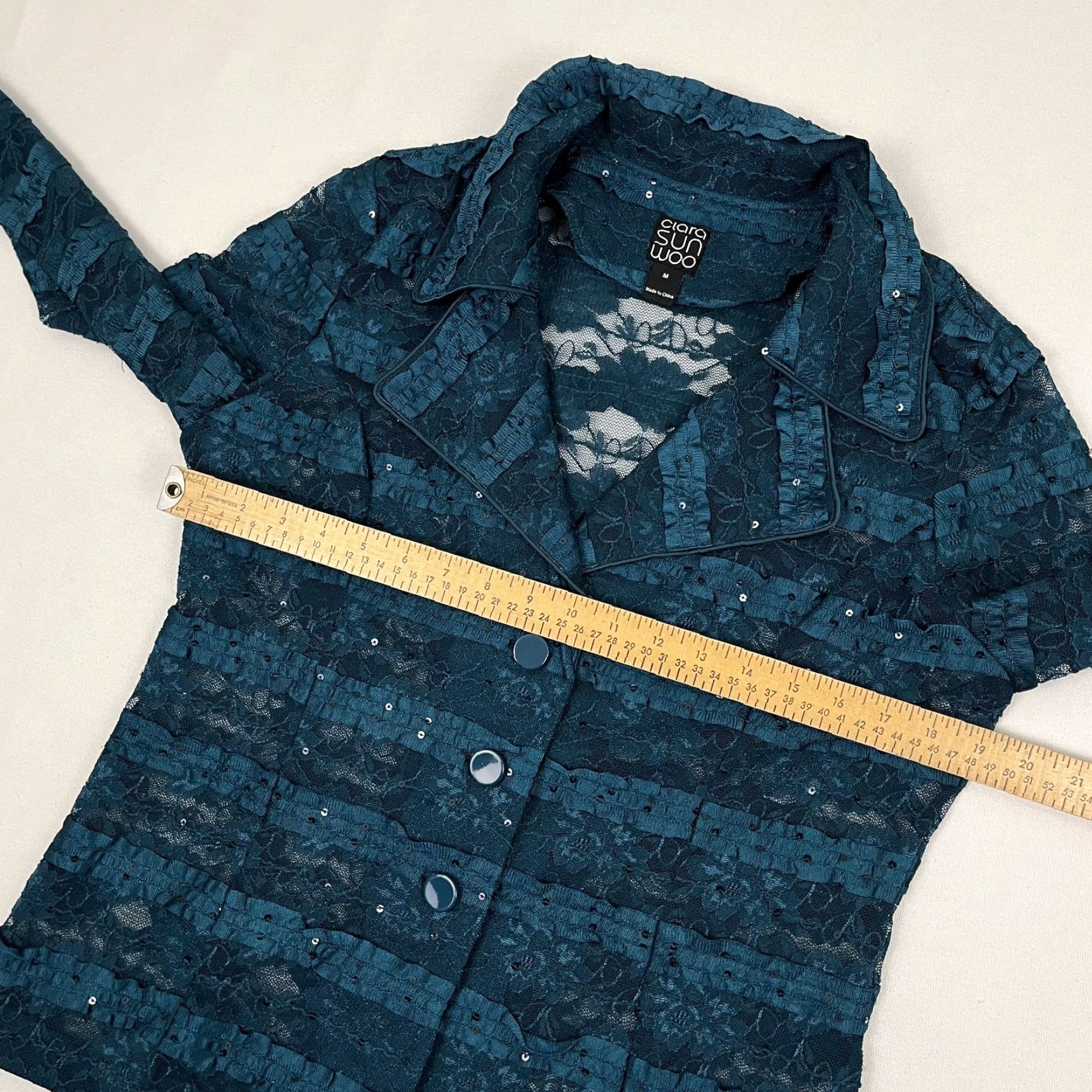 Vintage Clara Sun Woo Blazer Adult Women Medium Teal Blue Lace Sequin Sheer Dressy Womens Size M / US 6-8 / IT 42-44 - 4 Thumbnail