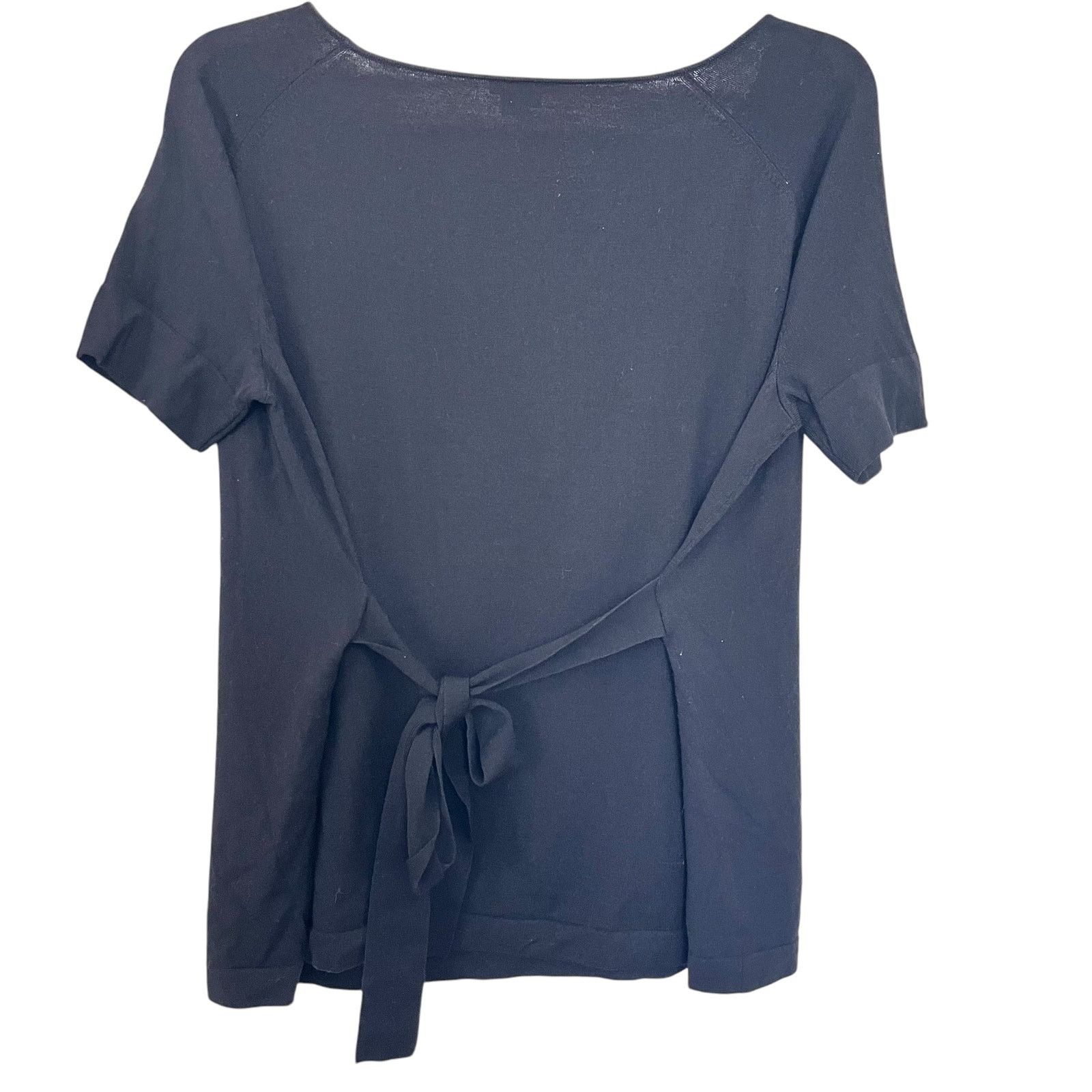 Theory Theory Solid Black Merino Wool Short Sleeve Tie Waist Top Size S / US 4 / IT 40 - 2 Thumbnail