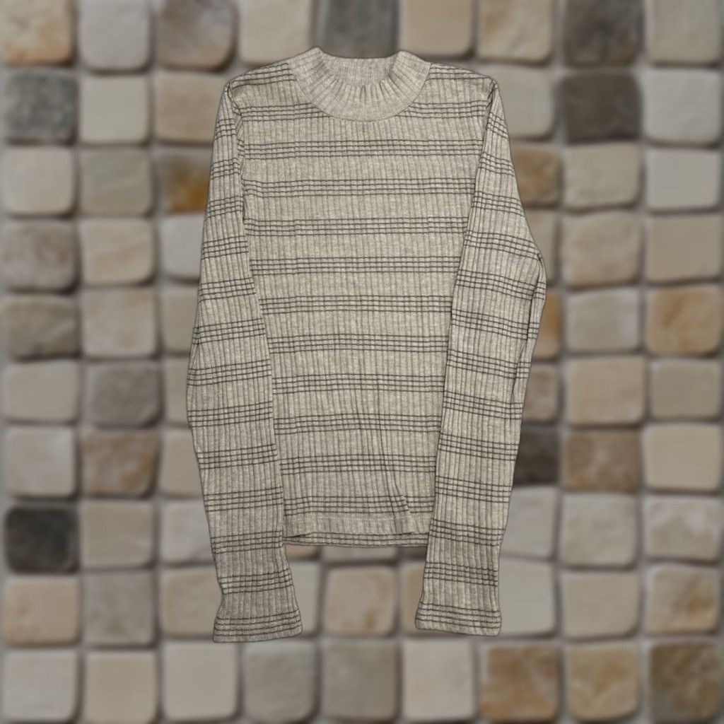 Vince Vince Womens Small Beige Mock Neck Rib Stripe Sweater Knit Pullover Tight Knit Casual Shirt Size S / US 4 / IT 40 - 1 Thumbnail