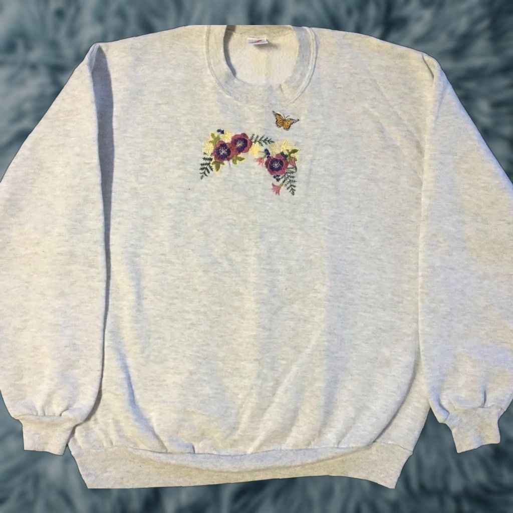 Vintage VINTAGE 90s Flower Hoodie Mens L Gray Embroidered USA Vaporwave Grunge Pullover Size US L / EU 52-54 / 3 - 1 Thumbnail