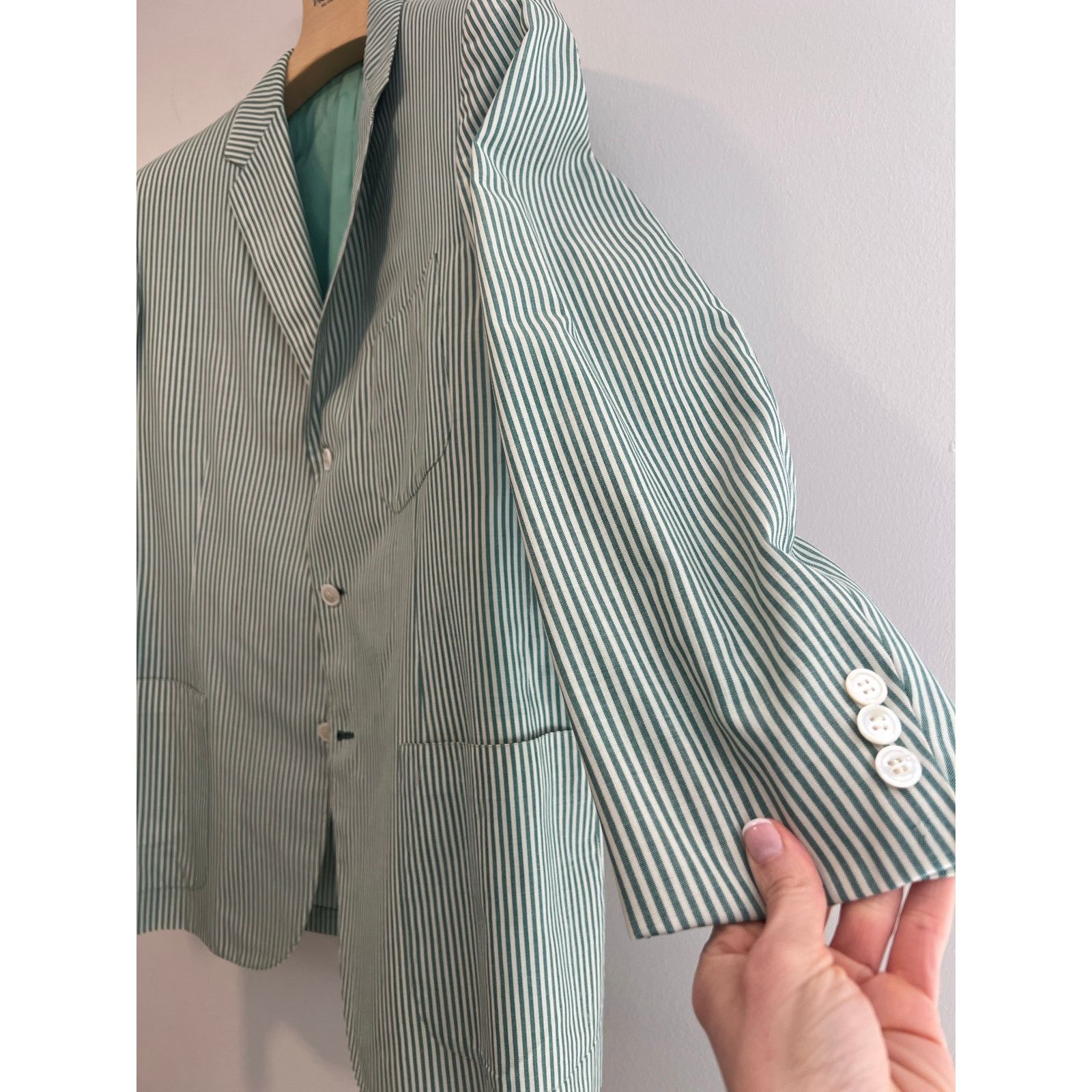 Hickey Freeman Hickey Freeman 3 Button Suit Jacket Green Pinstripe 44 Size 44R - 6 Thumbnail