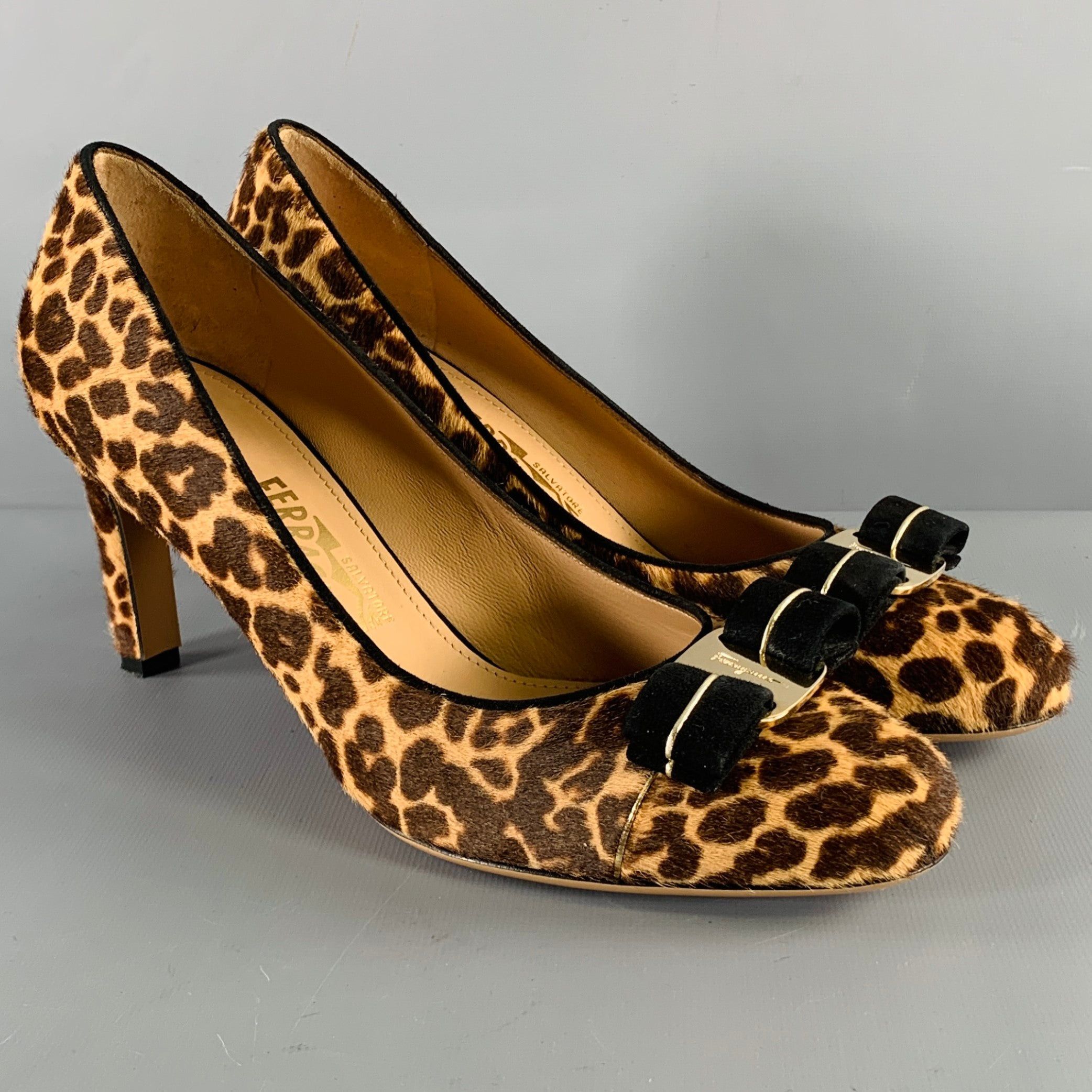 image of Salvatore Ferragamo Carla Brown Beige Calf Hair Animal Print Bow Pumps Shoes, Women's (Size 9)