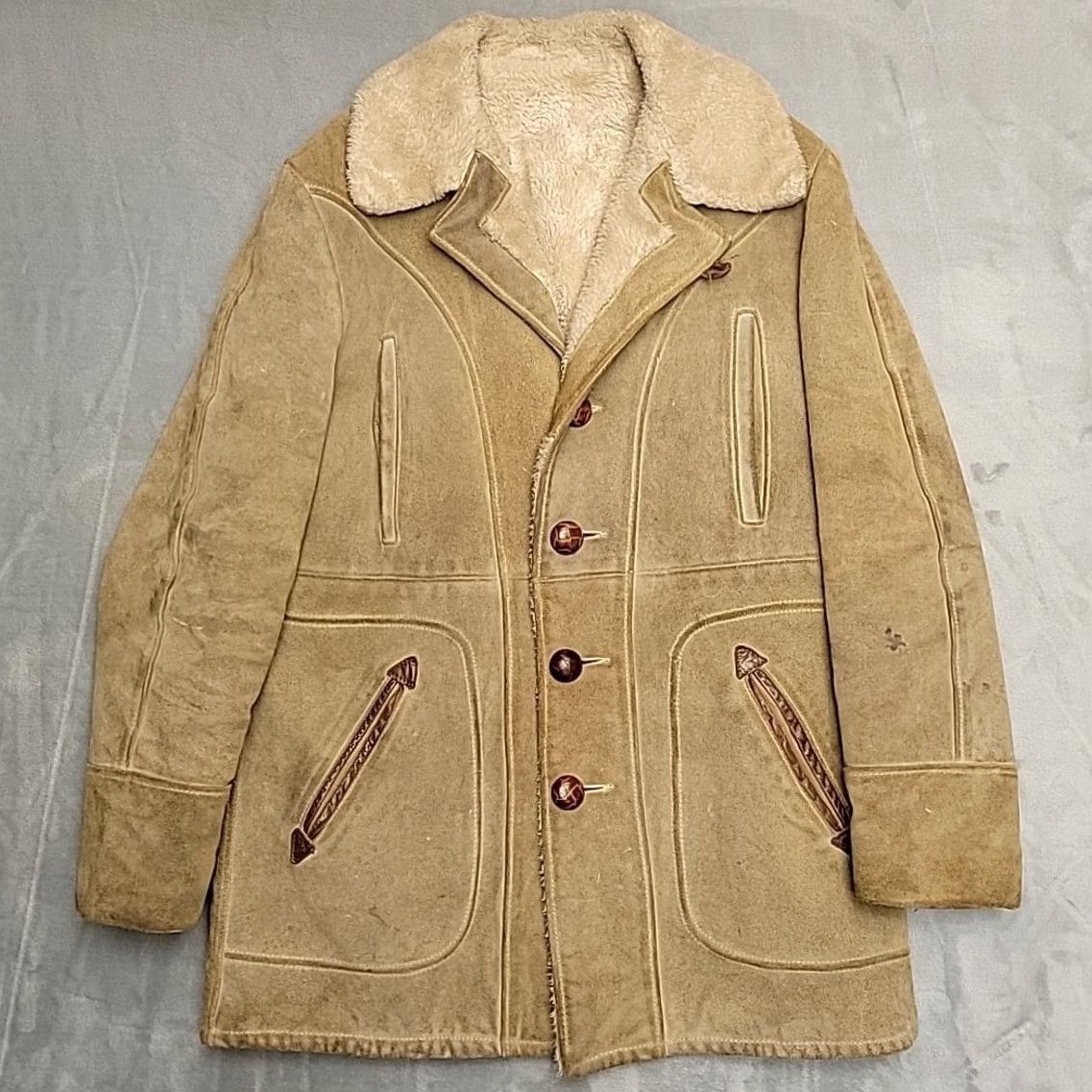 Vintage VTG Suede Leather Sherpa Lined Coat Mens M Tan Western Ranch USA Jacket Size US M / EU 48-50 / 2 - 3 Thumbnail