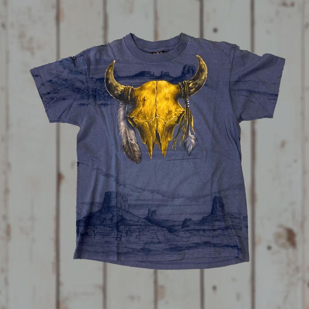 Vintage VINTAGE 3D EMBLEM Cow Steer Skull Motorcycle Biker T Shirt 90s Blue L Mens Size US L / EU 52-54 / 3 - 1 Thumbnail