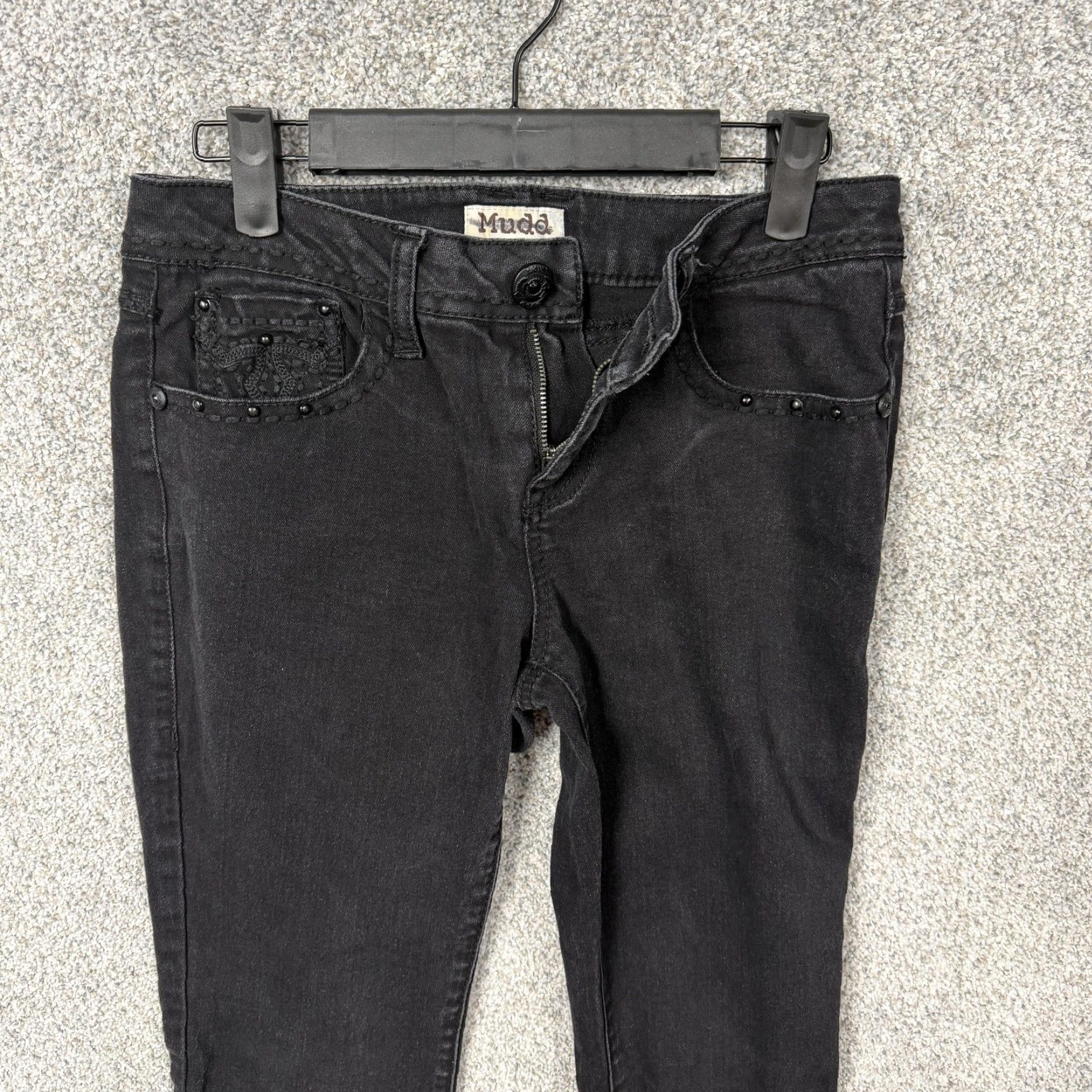 Denime Mudd Jeans Juniors 5 Black Straight Low Rise Stretch Embroidered Studded Denim Size 27" / US 4 / IT 40 - 7 Thumbnail