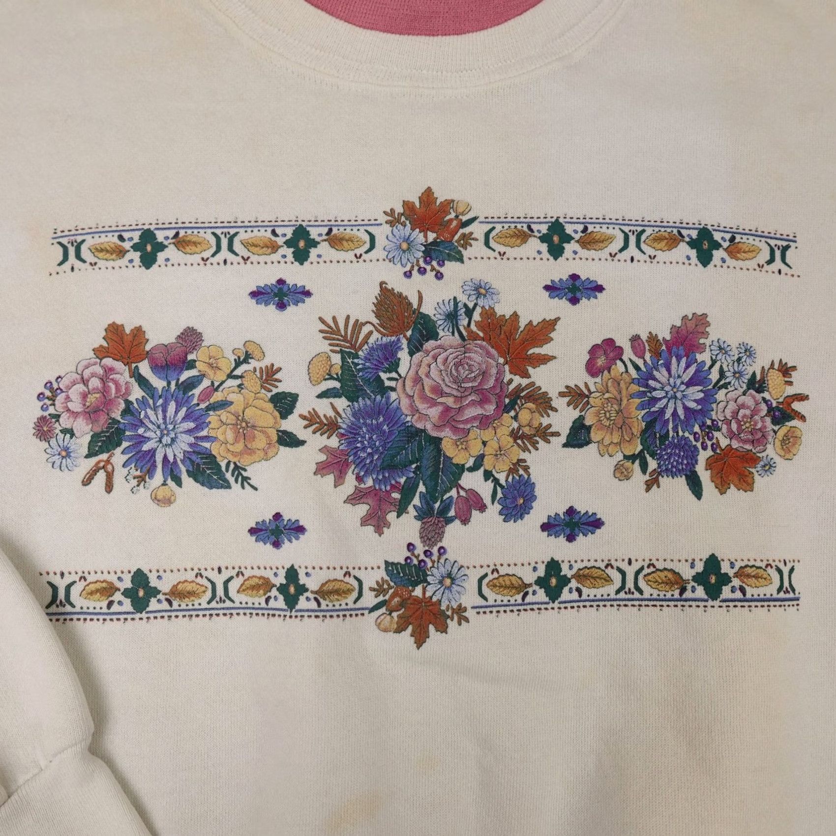 Vintage VINTAGE Morning Sun Womens Medium White Pink Floral Crewneck 90s Knit Sweatshirt Shirt Size M / US 6-8 / IT 42-44 - 6 Thumbnail