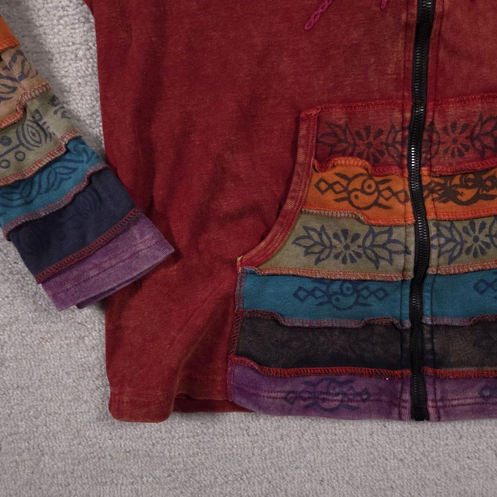 Vintage GreaterGood Network Hoodie Womens Large Red Patchwork Sun Zip Boho Hippie Multi Size L / US 10 / IT 46 - 6 Thumbnail