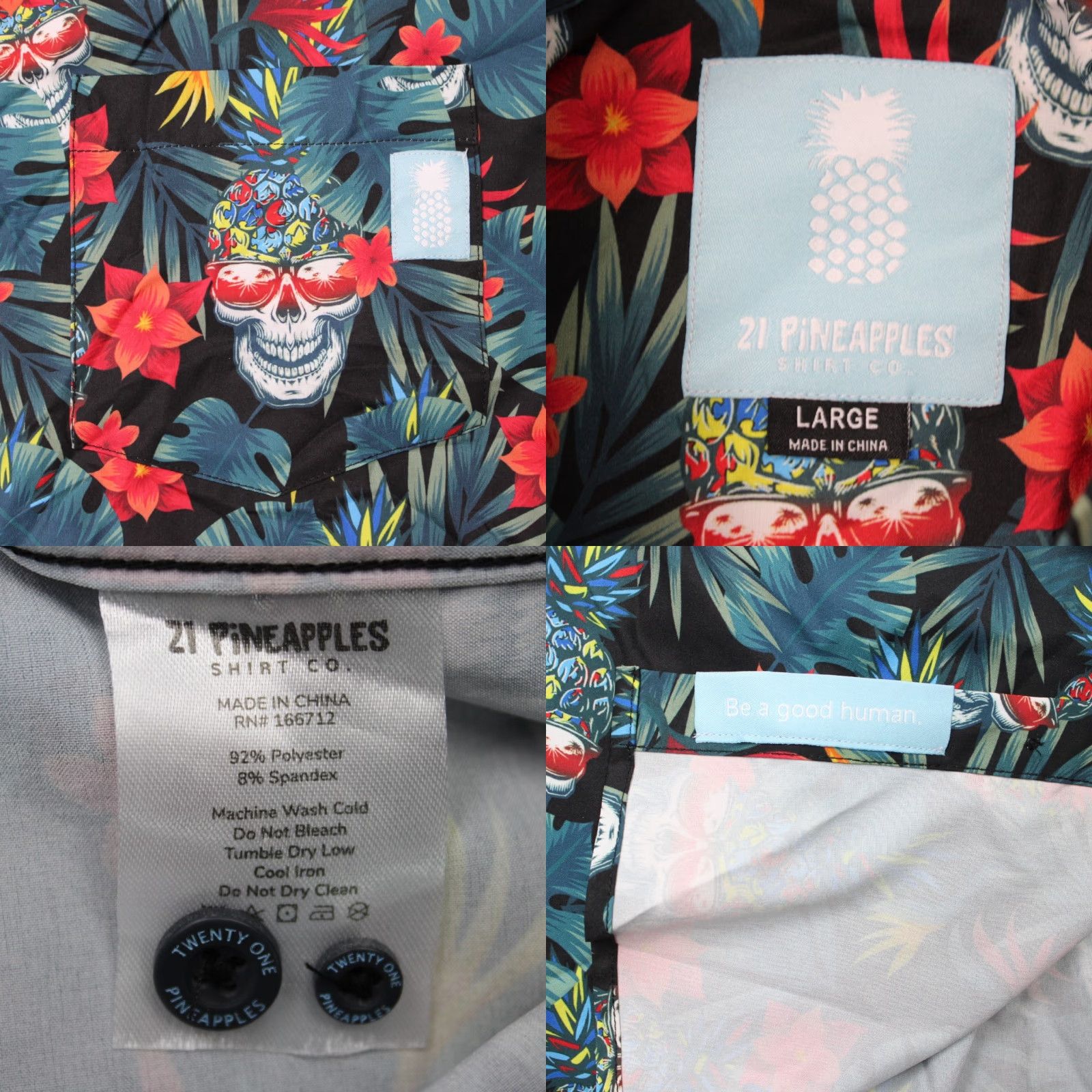Vintage 21 Pineapples Shirt Mens Large Black Sugar Skulls Hawaiian Polyester Stretch S/S Shirt Size US L / EU 52-54 / 3 - 8 Thumbnail
