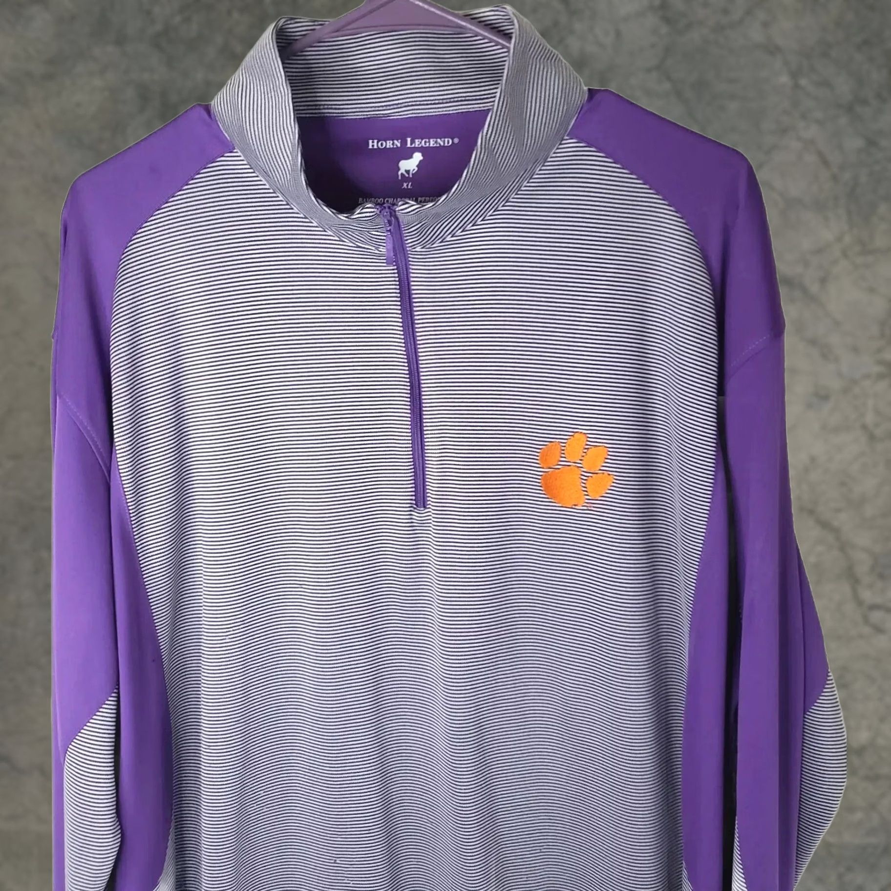 Vintage Horn Legend HL Sport Bamboo Performance 1/4 Zip Clemson Tigers Pullover Mens XL Purple Striped Tiger Paw Size US XL / EU 56 / 4 - 1 Thumbnail
