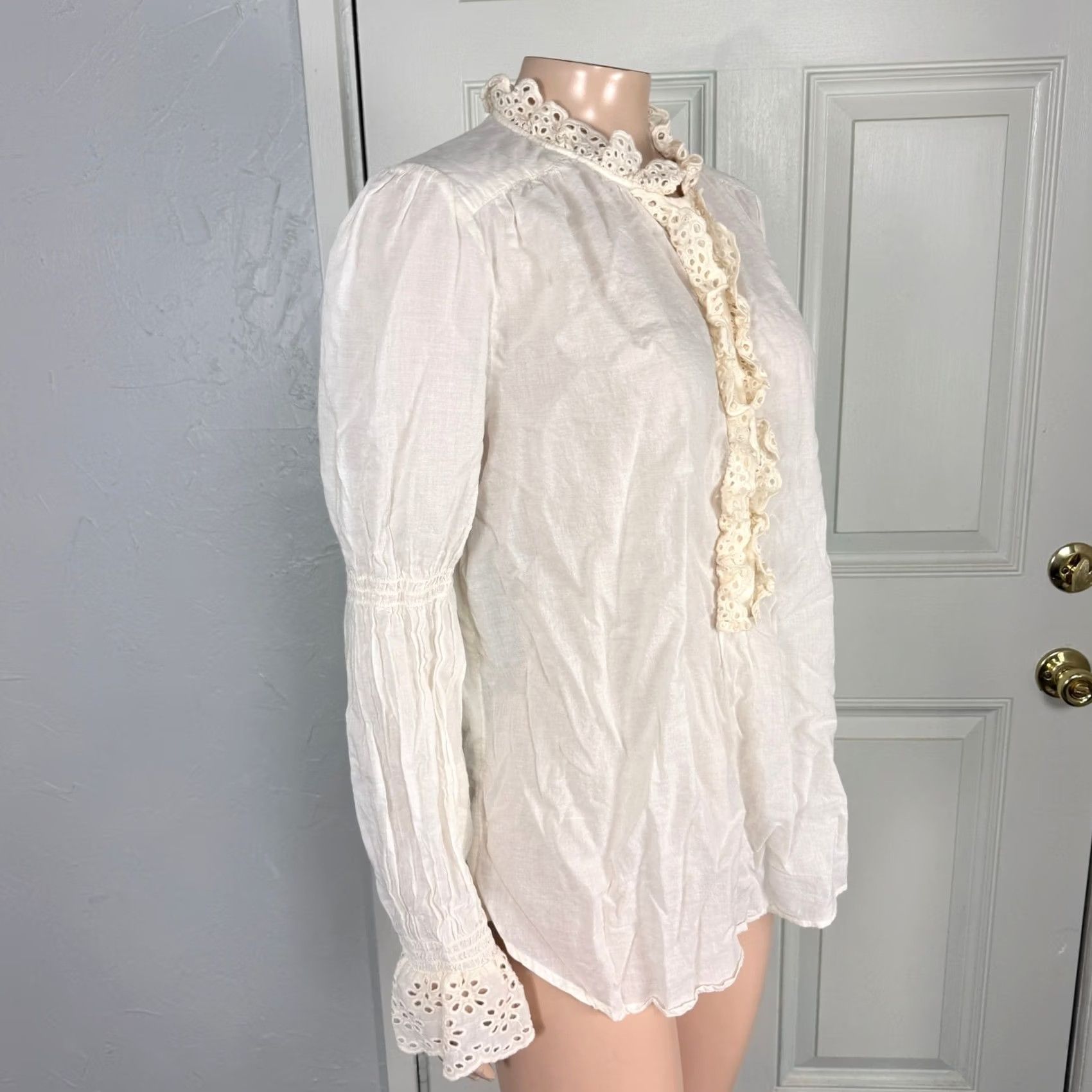 ME+EM ME+EM Womens Shirt S 12 Cotton Button Ruffle Collar Long Sleeve Smocked Cream Bohemian 12 Mens Womens Size XL / US 12-14 / IT 48-50 - 5 Thumbnail