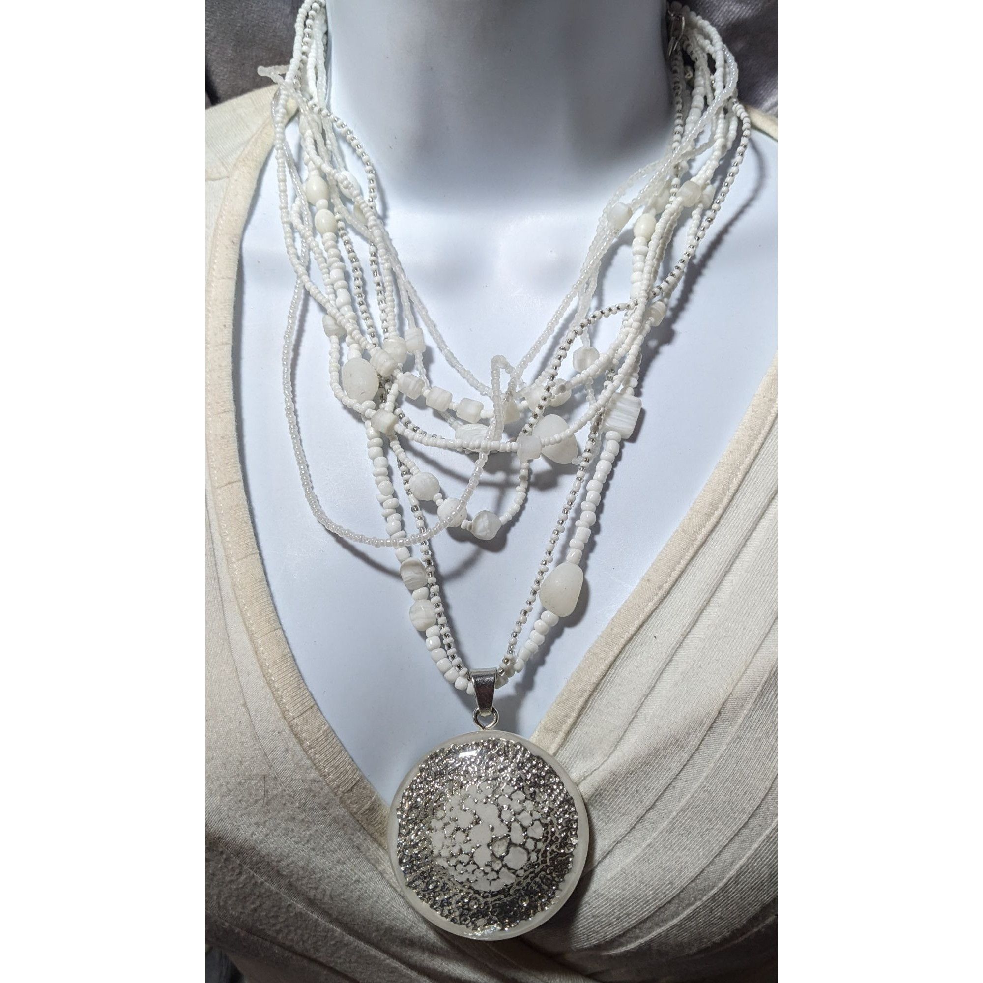 Chicos Chico's Nautilus White And Silver Chunky Multilayer Pendant Size ONE SIZE - 11 Thumbnail