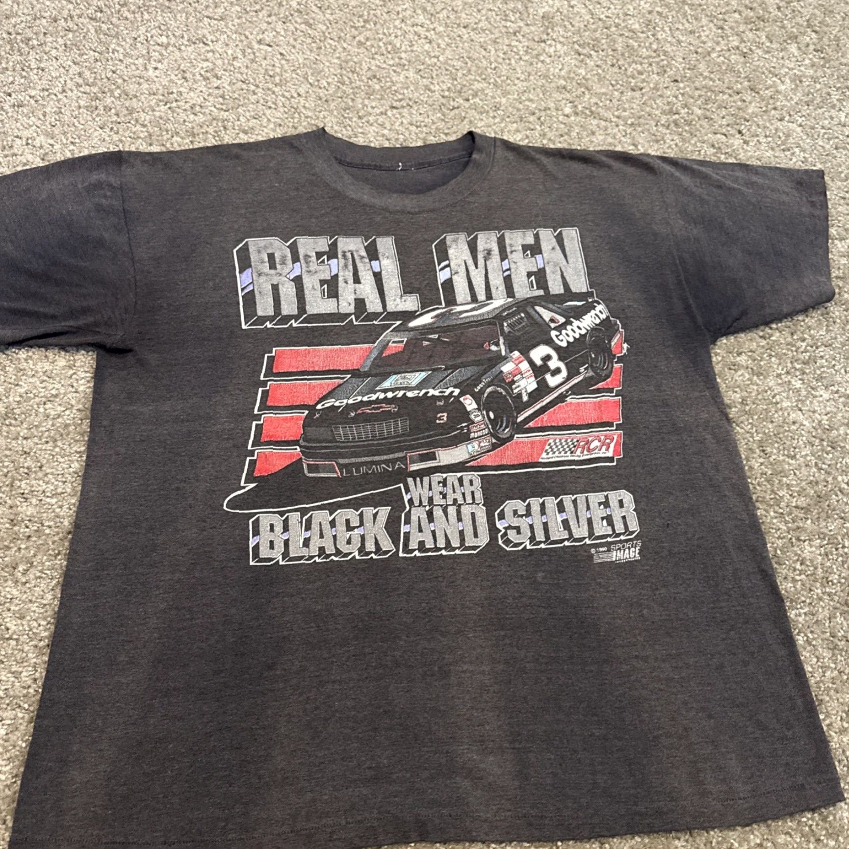 NASCAR VINTAGE Dale Earnhardt Real Men Wear Black Silver Tee NASCAR Shirt Mens L Black 1990s Size US L / EU 52-54 / 3 - 5 Thumbnail