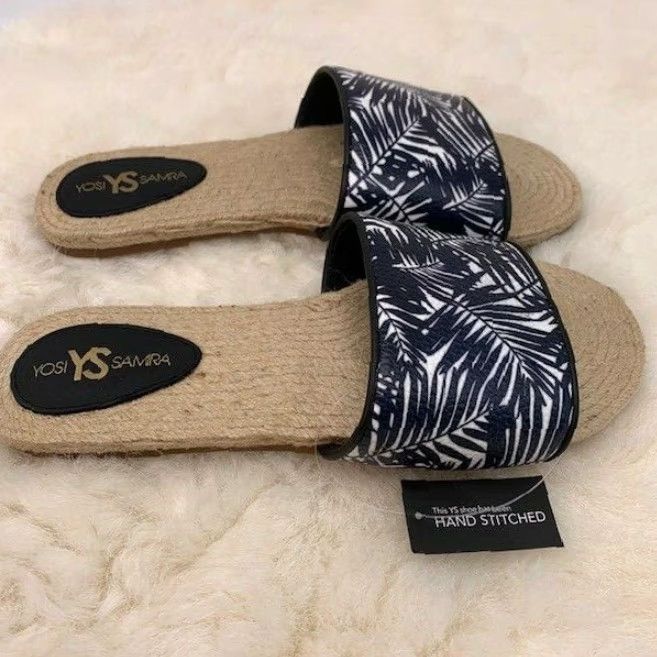 Vintage YOSI SAMRA Floral Slide Sandals Jute Flats - Women's Size 7M - Blue/White Size US 8 / IT 38 - 2 Thumbnail