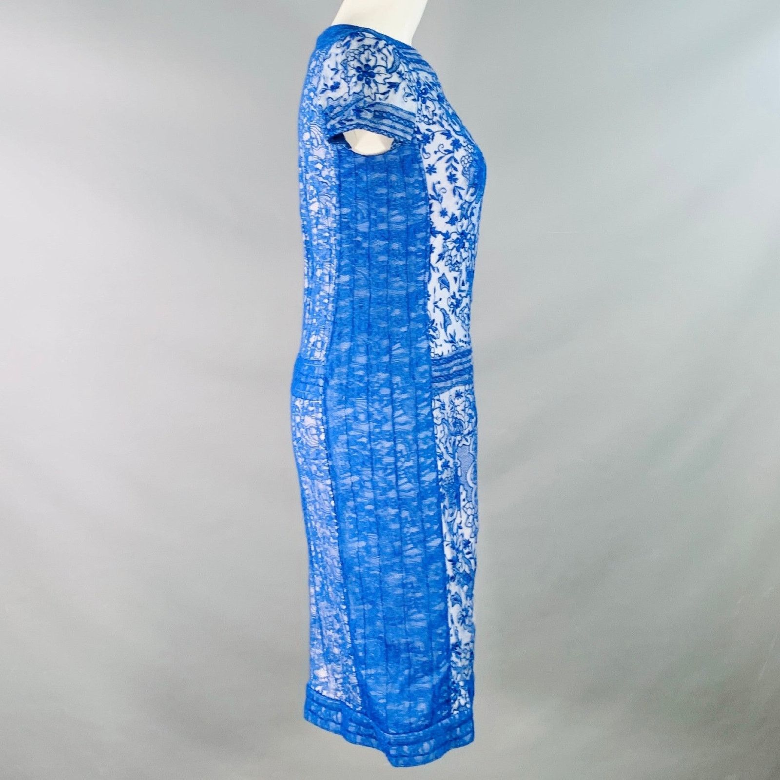Tadashi Shoji Blue White Rayon Blend Lace Short Sleeve Cocktail Dress Size M / US 6-8 / IT 42-44 - 3 Thumbnail