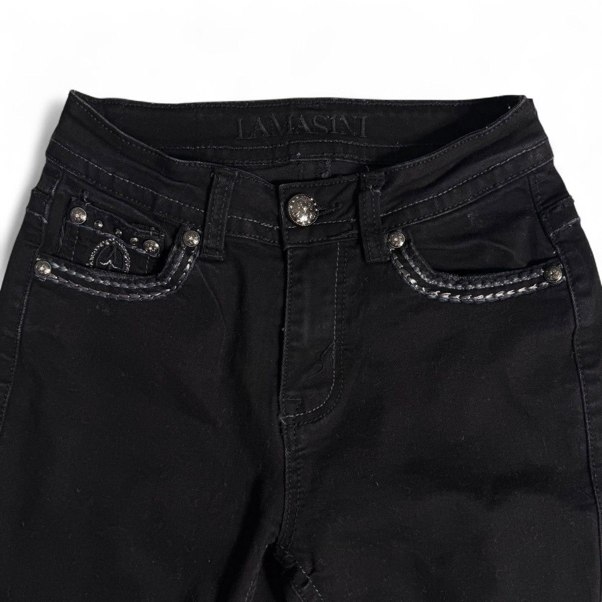 Other Western Grunge Black Mid Rise Bootcut Rhinestone Denim Jeans Size 25" / US 0 / IT 36 - 7 Thumbnail