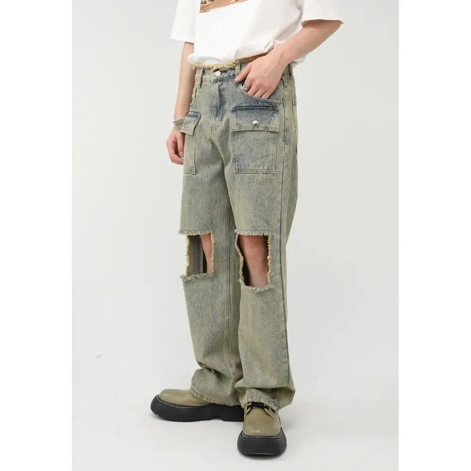 Japanese Brand Retro loose fringed ripped straight leg jeans Size US 32 / EU 48 - 2 Thumbnail