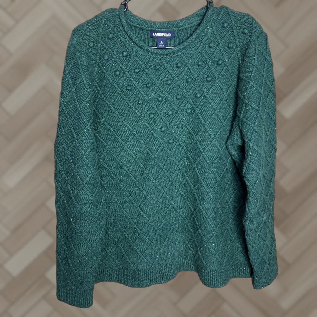Lands' End Lands' End Drifter Cable Knit Sweater Large Womens Green Size L / US 10 / IT 46 - 1 Thumbnail