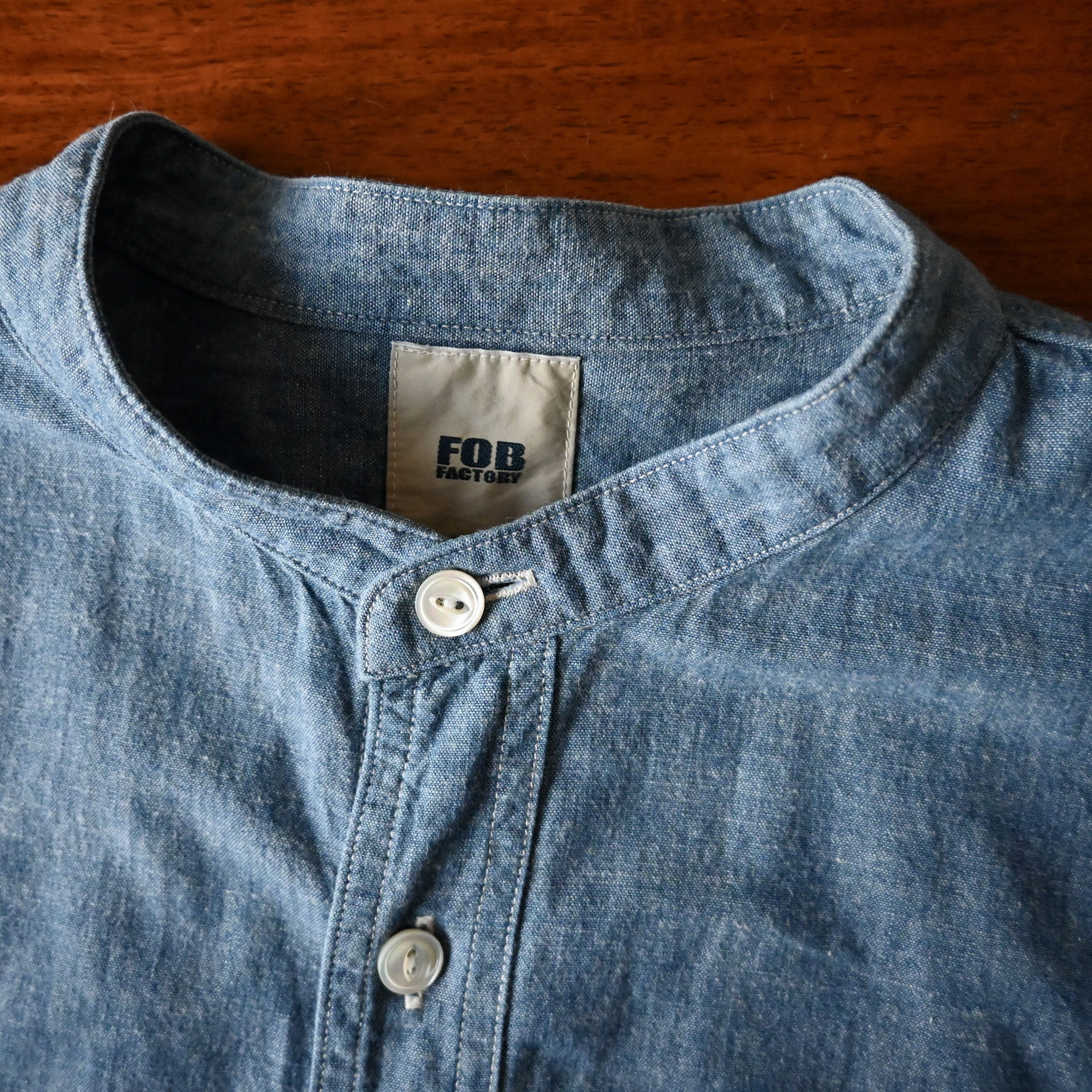 FOB Factory chambray band collar work shirt, made in Japan