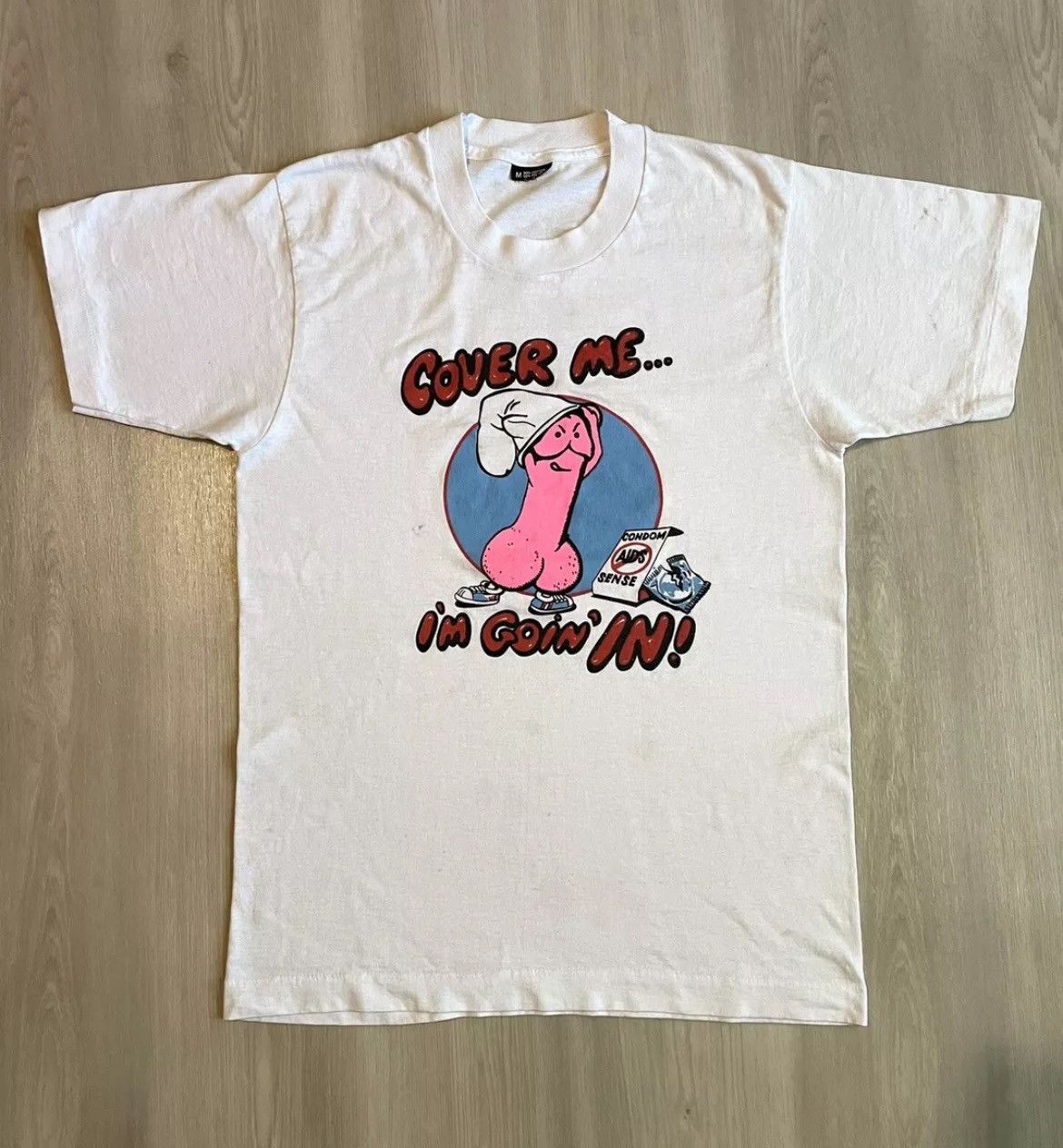 Vintage 80s Cover Me I’m Going In Condom Aids Sex parody humor sz M Size US M / EU 48-50 / 2 - 1 Thumbnail