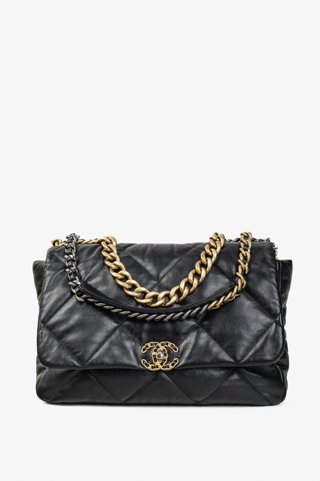 Chanel Maxi 19 Large Two-Tone Chain Black Leather Flap Bag