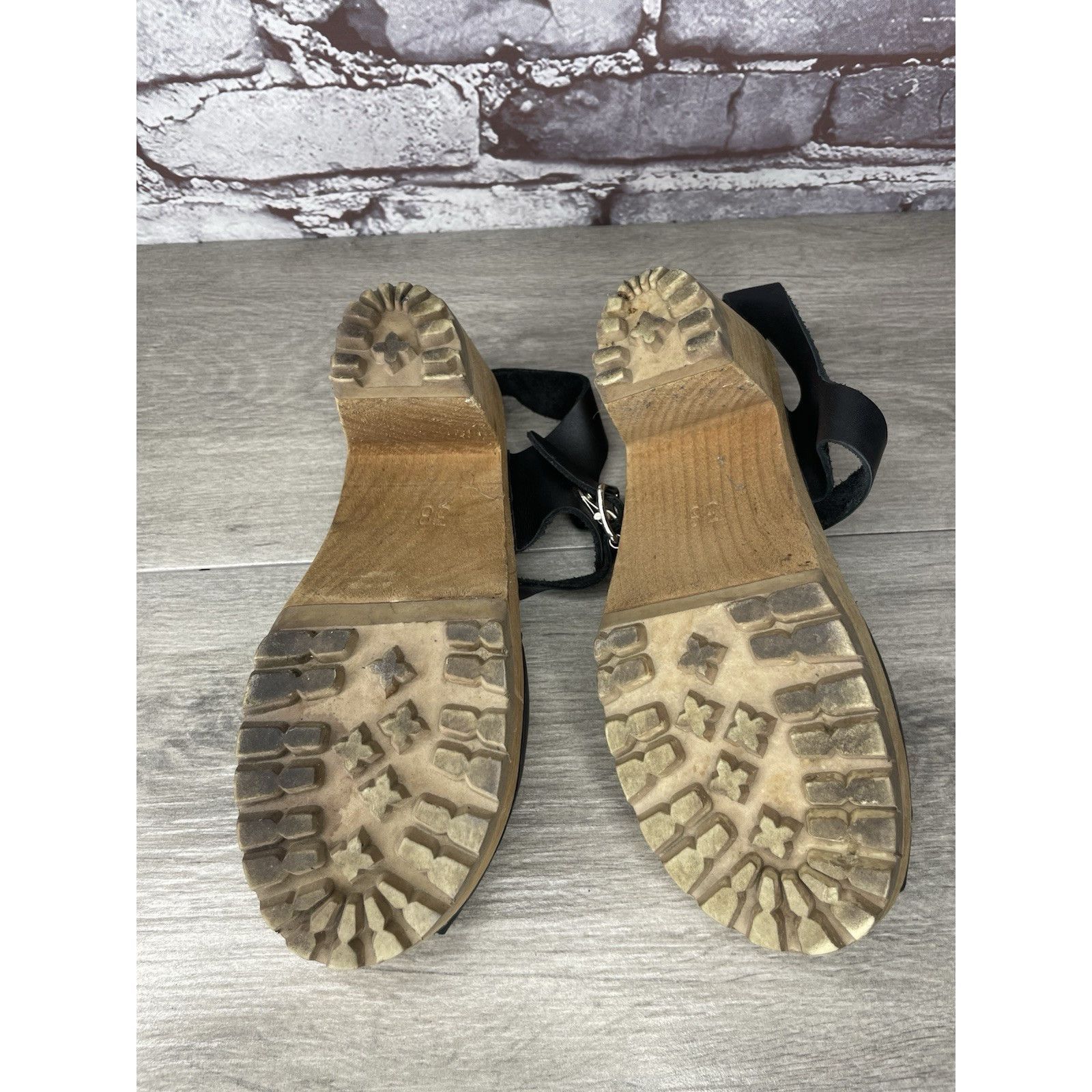Swedish Hasbeens Swedish Hasbeens Black Leather Wooden Heel Peep Toe Ankle St Size US 7.5 / IT 37.5 - 7 Thumbnail